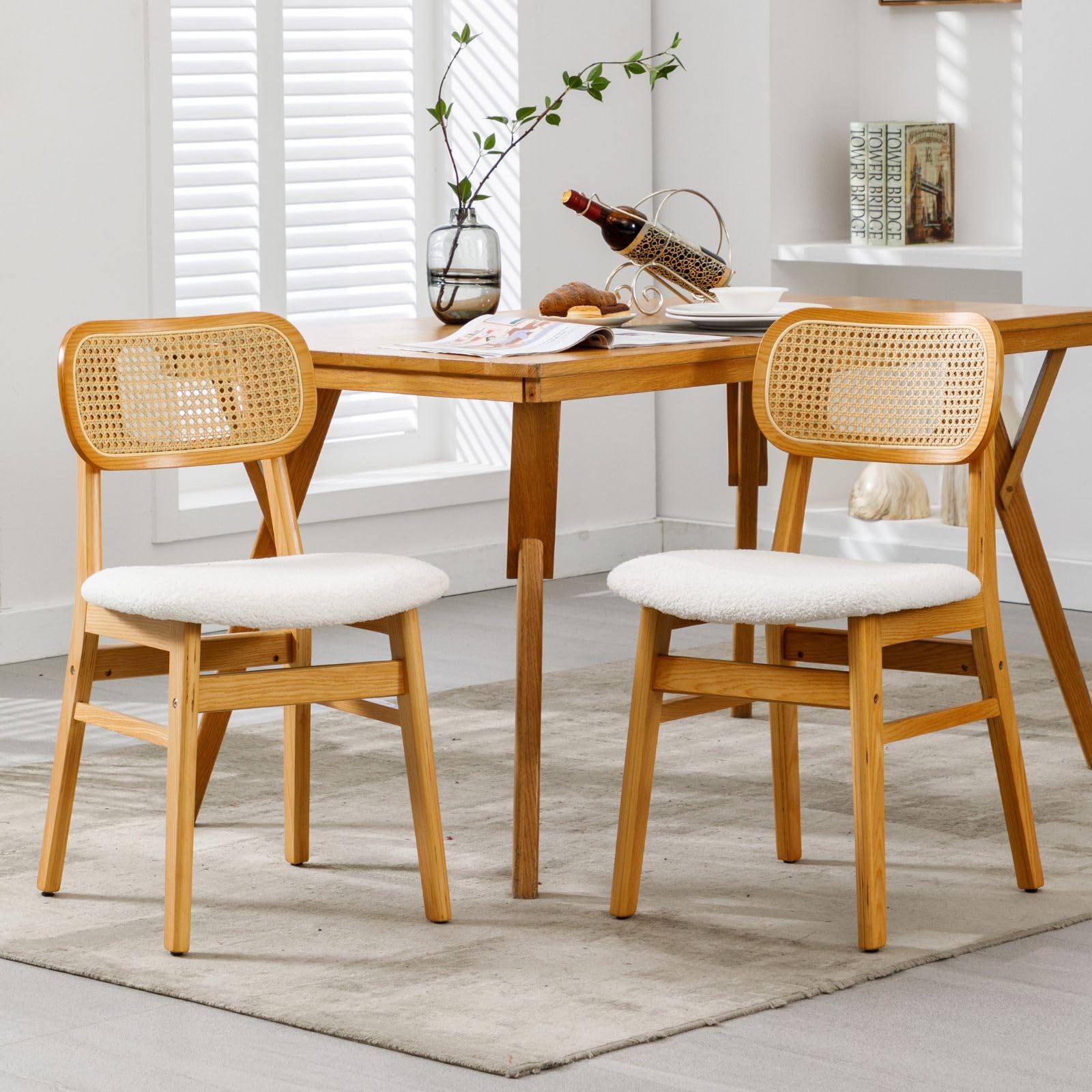 2 Pack White Lambswool Rattan Dining Chairs - Natural Wooden Farmhouse Kitchen Side Chairs for Dining Room, Breakfast Nook & Outdoor Patio