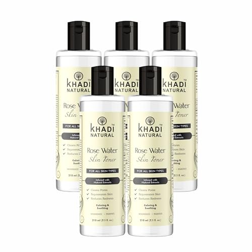 Khadi Natural Rose Water Skin Toner 210ml - Hydrating Facial Mist for All Skin Types | Refreshes & Revitalizes Dry, Sensitive & Oily Skin | Alcohol-Free Floral Toner for Daily Skincare Routine, Makeup Setting & After Sun Care (Pack of 5)