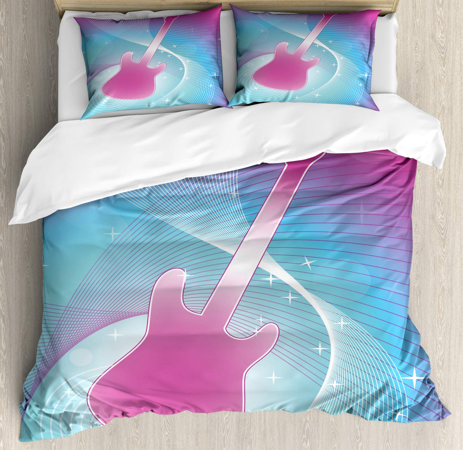 Ambesonne Hot Pink Guitar Duvet Cover Set - Queen Size 2-Pack with 2 Duvet Covers & 4 Pillowcases, Vibrant Music-Themed Abstract Print Bedding - Perfect for Teen Bedrooms, Music Lovers' Homes, and Bohemian Decor