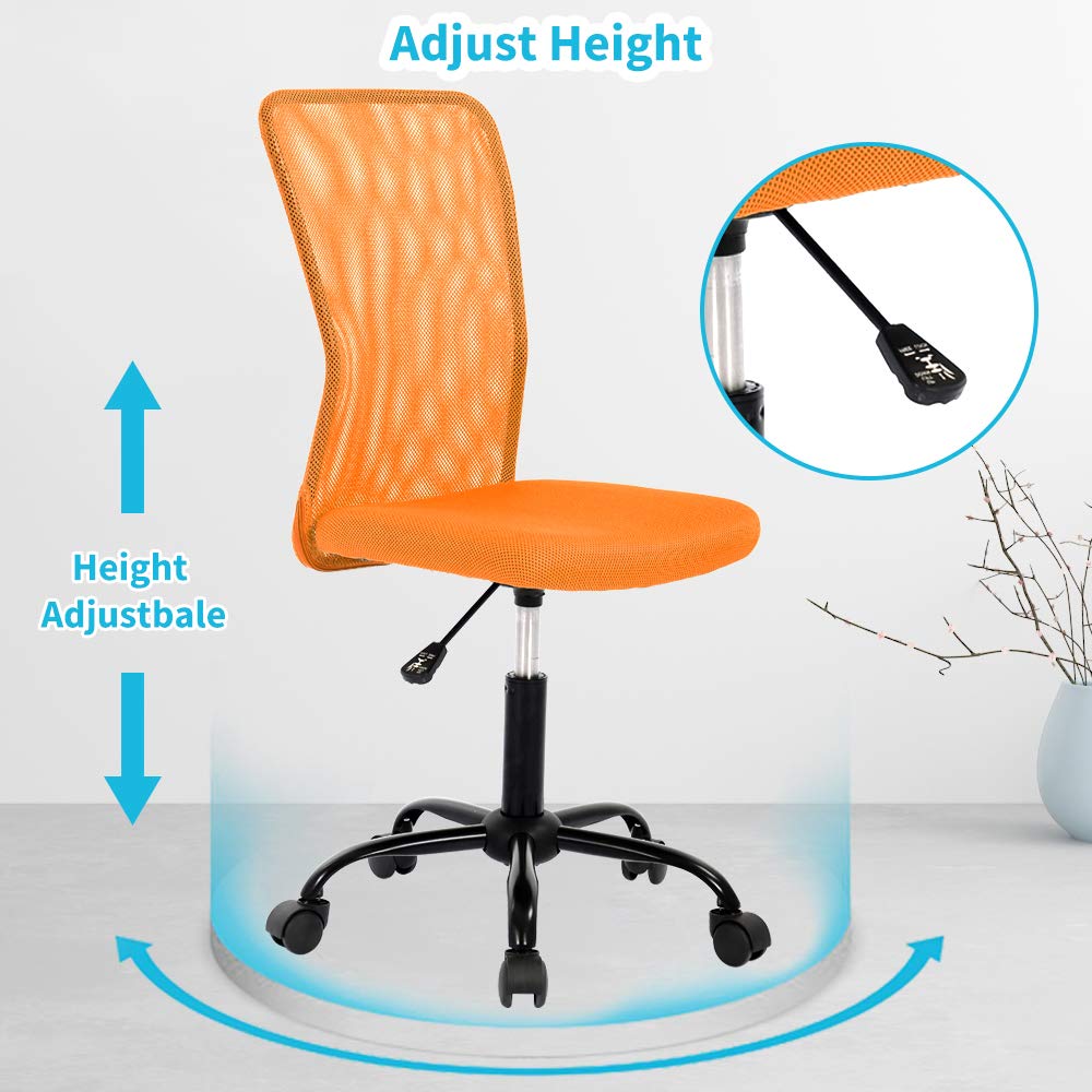 Ergonomic Mesh Office Chair - Adjustable Height Mid Back Computer Desk Chair with Wheels, No Armrest Modern Task Chair for Home Office, Student & Small Workspaces - Orange | Comfortable for Long Hours & Remote Work