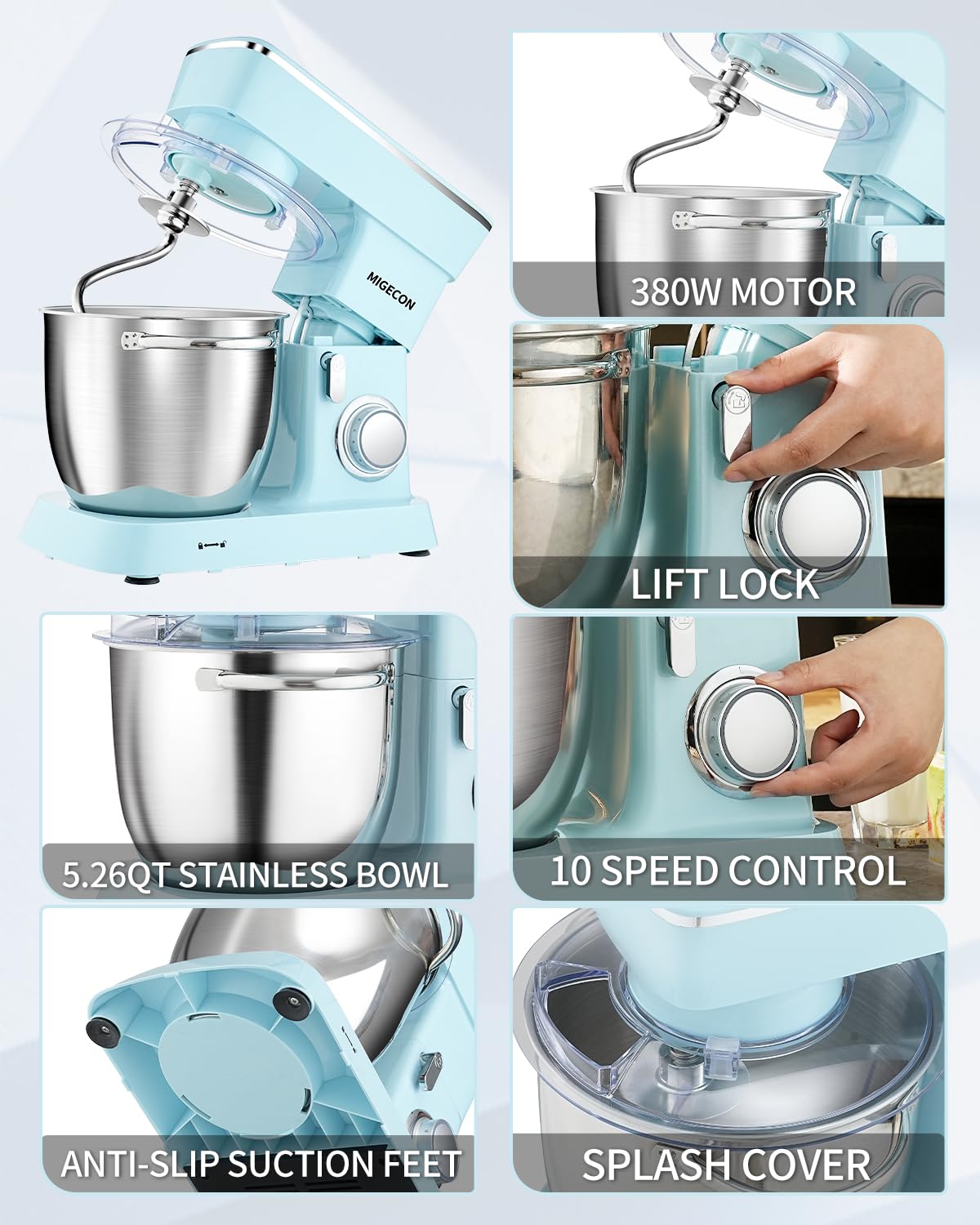 MIGECON 5.26 QT Stand Mixer - 10 Speed Electric Food Mixer with Dough Hook, Flat Beater & Whisk Attachments - Splash Guard - Perfect for Baking Cakes, Cookies & Bread Dough (Blue)