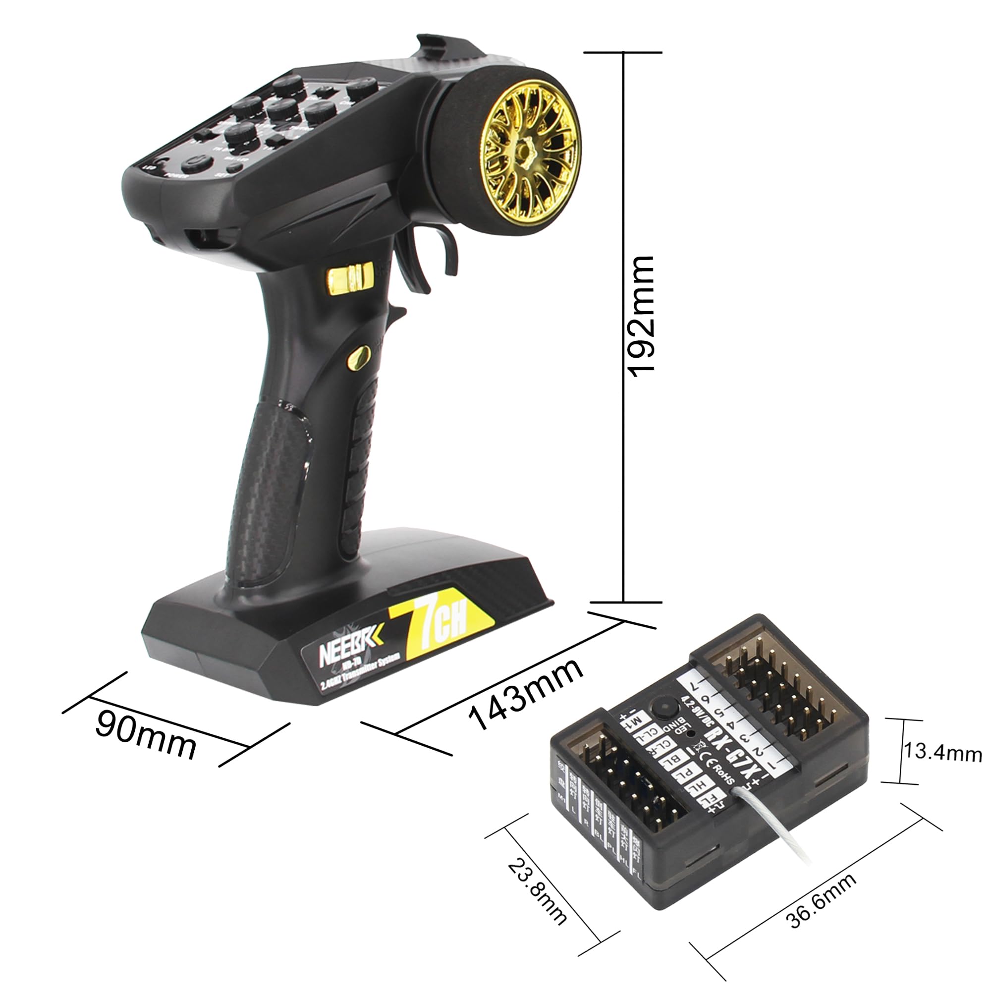 7 Channels 2.4GHz RC Transmitter with Receiver - Built-in Light Control System & 12 LED Light Set - Wireless Remote Controller for RC Cars, Crawlers, Trucks, Buggies, Boats, Tanks - Perfect for Off-Road & On-Road Racing (Golden)