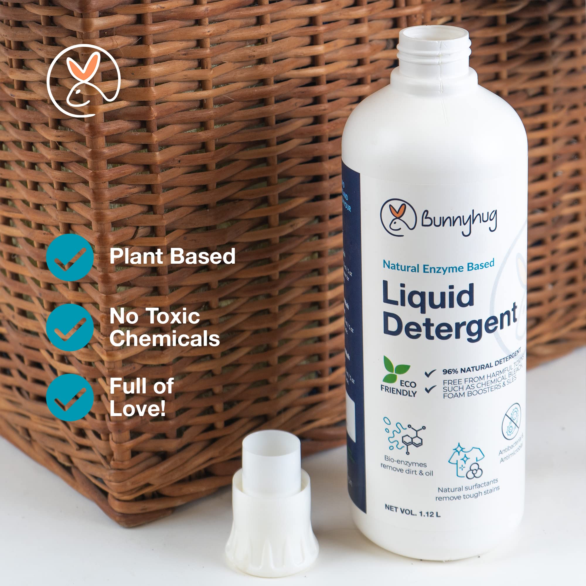 **Bunnyhug Natural Enzyme Laundry Detergent Liquid - 100% Plant-Based, Vegan, Toxin-Free - Safe for Top & Front Load Washers (1.12 Litre) - Gentle on Clothes & Skin, Ideal for Babies, Sensitive Skin & Eco-Conscious Families**