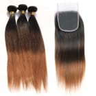 10A Ombre Brazilian Human Hair Bundles with Closure (14 16 18 + 12 Inch) - 3 Bundles Straight Remy Hair Weave in 3-Tone Black to Brown to Auburn - 100g/Bundle for Natural Look & Daily Styling