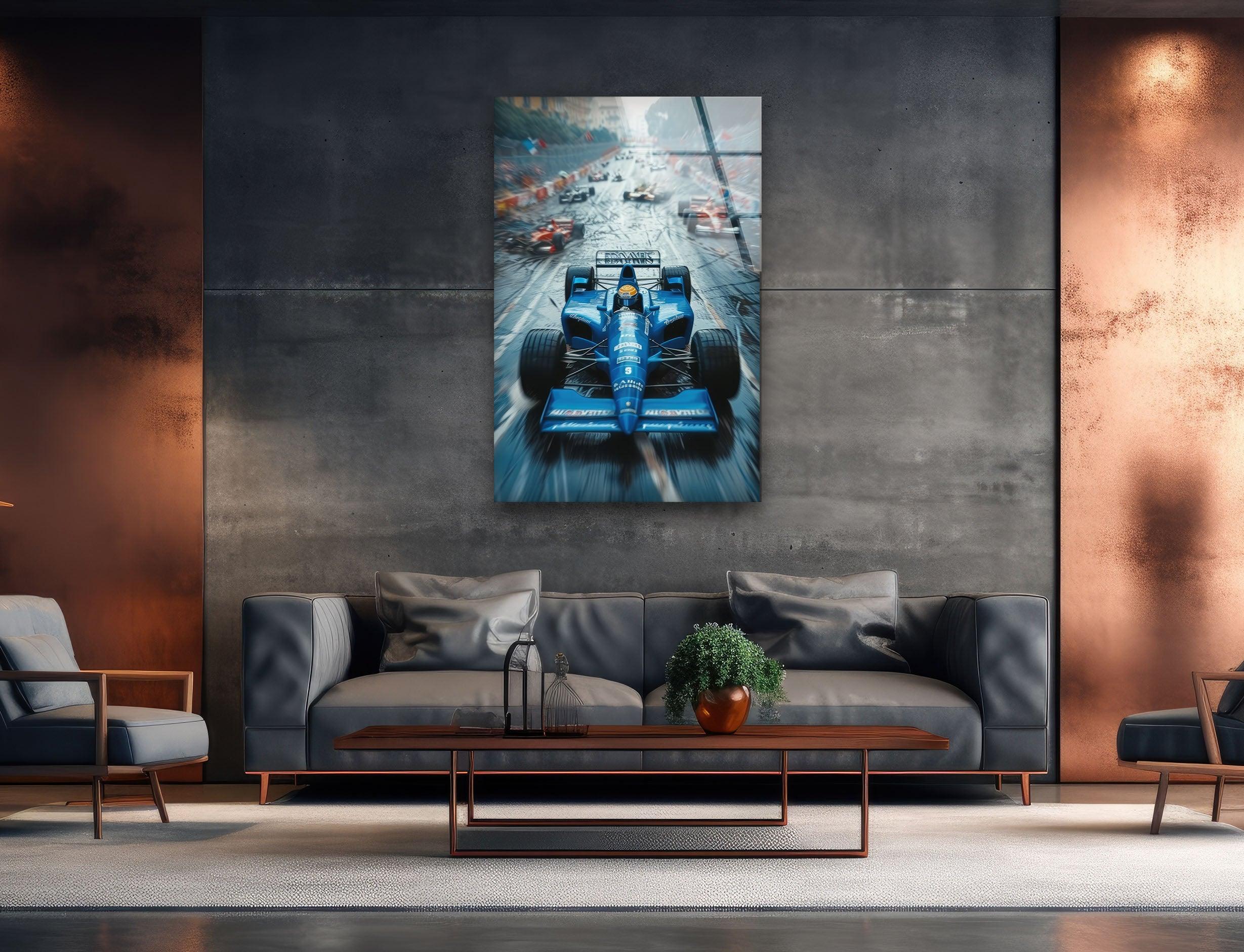 Blue Formula 1 Racing Car Glass Wall Art - Premium Decorative Home & Office Decor for Motorsport Fans