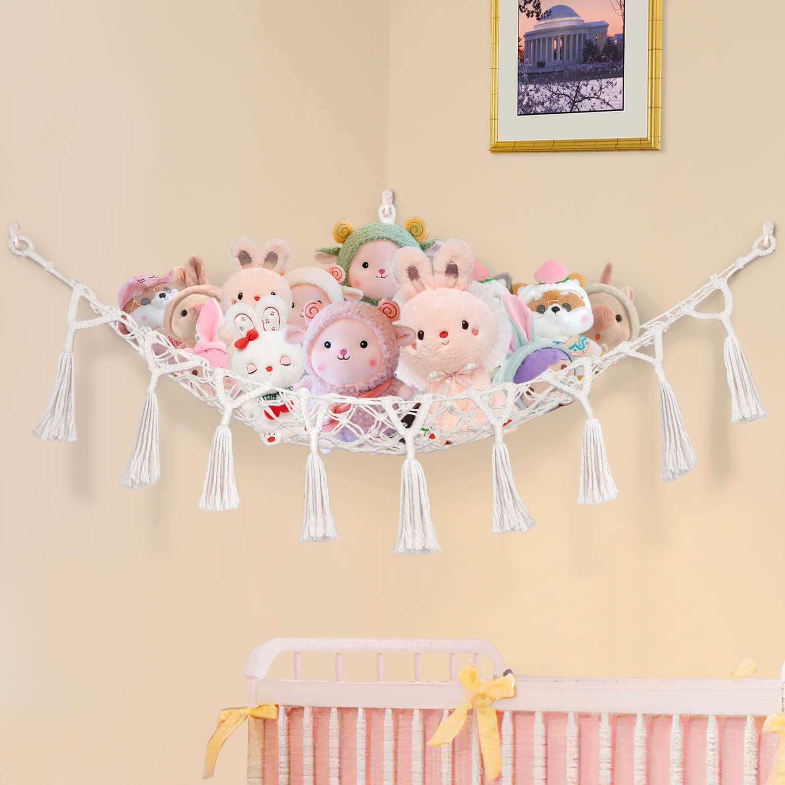 TUEOU Large Macrame Toy Hammock - Stuffed Animal Storage Organizer with Tassels for Kids Room, Nursery & Bedroom | Perfect for Hanging Corner Storage and Plush Toy Display