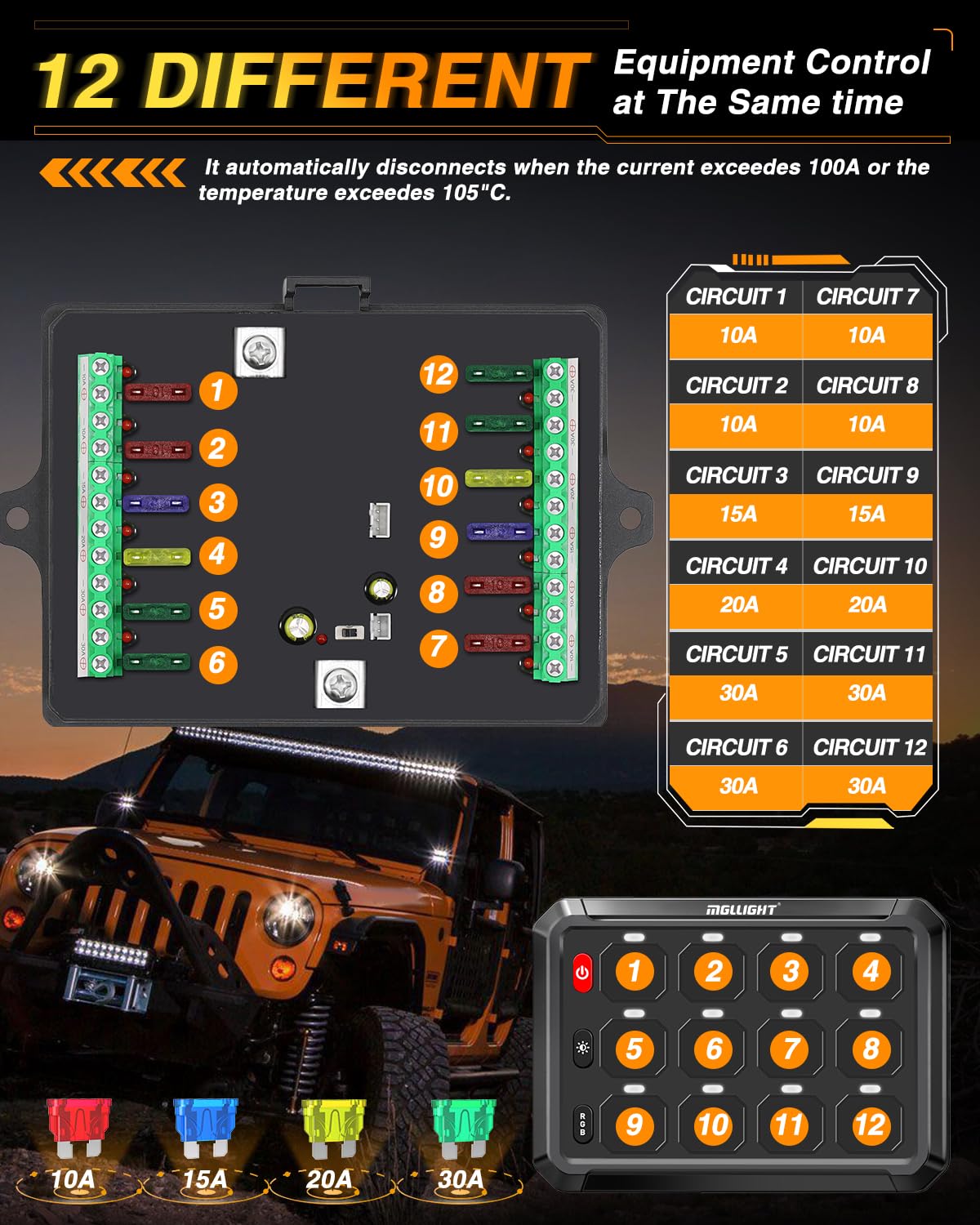 12 Gang RGB Bluetooth Switch Panel with Strobe & Momentary Toggle - Universal Control Box for Offroad, Boat, SUV, Camper Van, RV, ATV & Construction Vehicles | Perfect for Lighting, Audio & Accessory Control