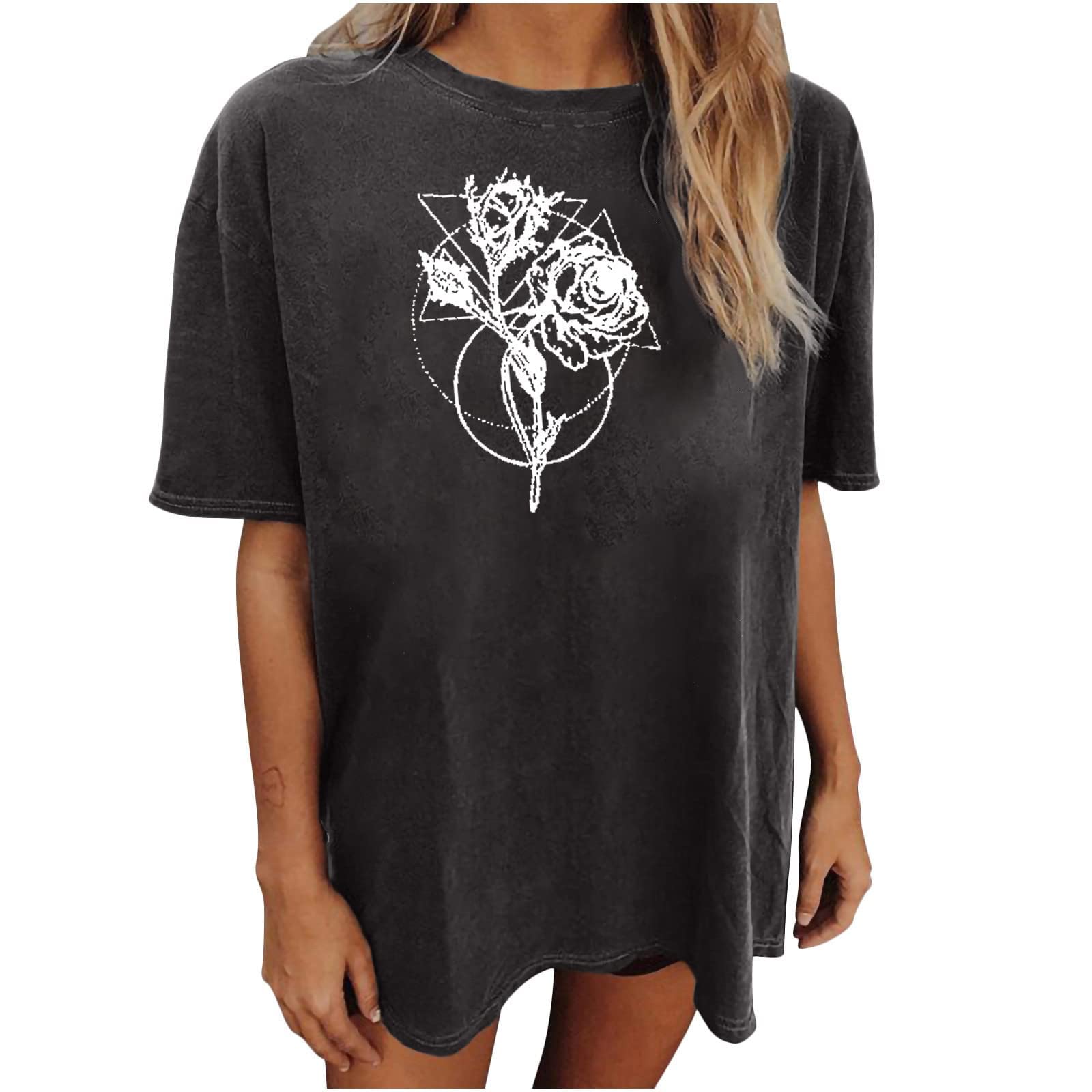 Women's Oversized Loose Fit Floral Printed T-Shirt - Wildflowers Moon Design Short Sleeve Blouse Top for Casual Wear, Summer Outfits & Boho Style Fashion