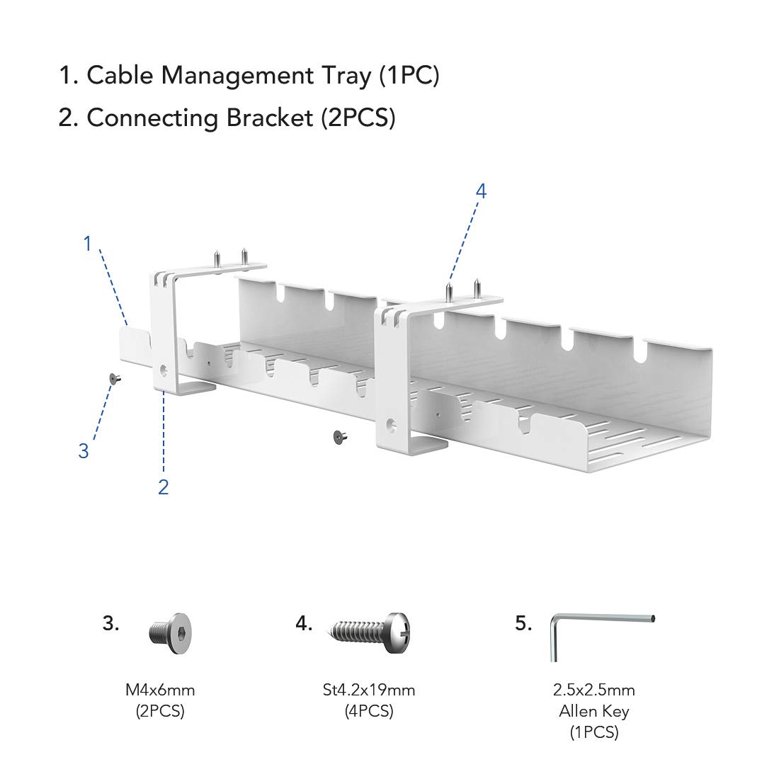 Under Desk Cable Management Tray - Metal Wire Organizer Raceway for Home Office Desk (White) | Perfect for Computer, TV & Gaming Setup Cable Organization
