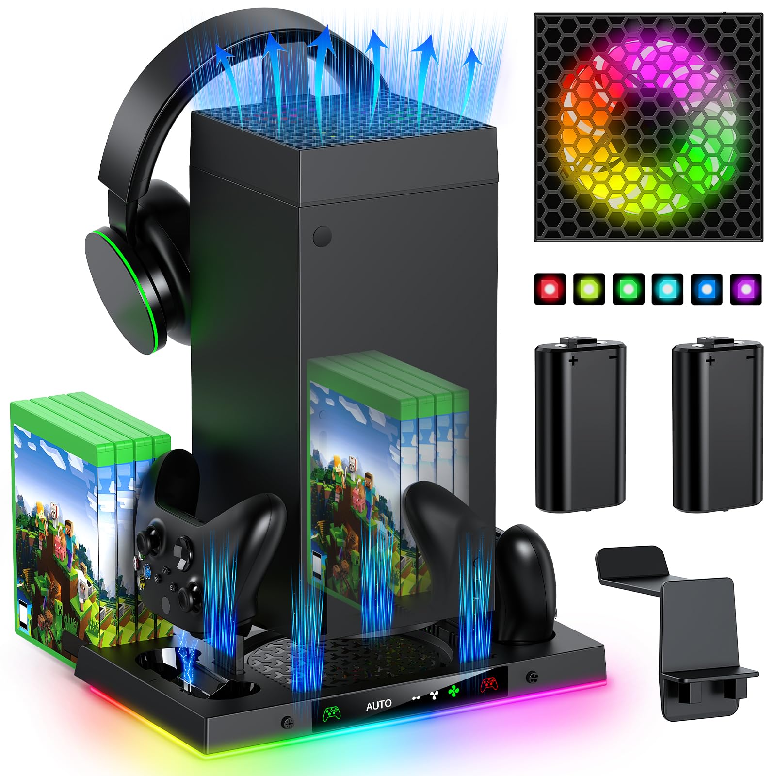 Xbox Series X Cooling Fan & Wireless Charging Dock - Dual Controller Charger with 15 RGB Light Modes, 2 Rechargeable Batteries, Headset Stand & Game Disc Storage - Perfect for Gaming Setup & Accessories Organization (Black)