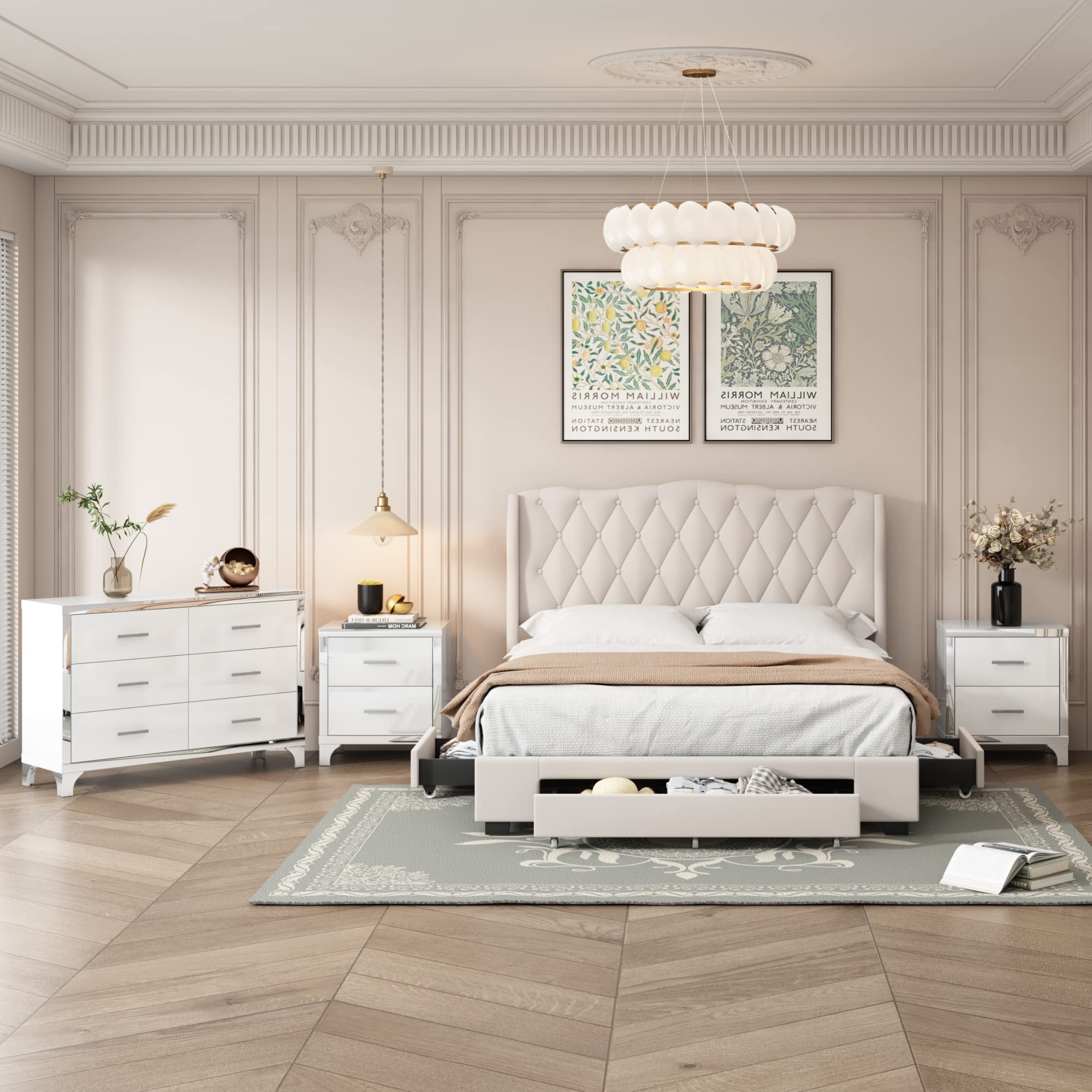 Flieks 4-Piece Queen Size Bedroom Set - Upholstered Bed with 3 Drawers, High Gloss Mirrored Nightstands & Dresser with Metal Handles & Legs in Beige | Modern Bedroom Furniture for Master Bedroom, Guest Room & Apartment Decor