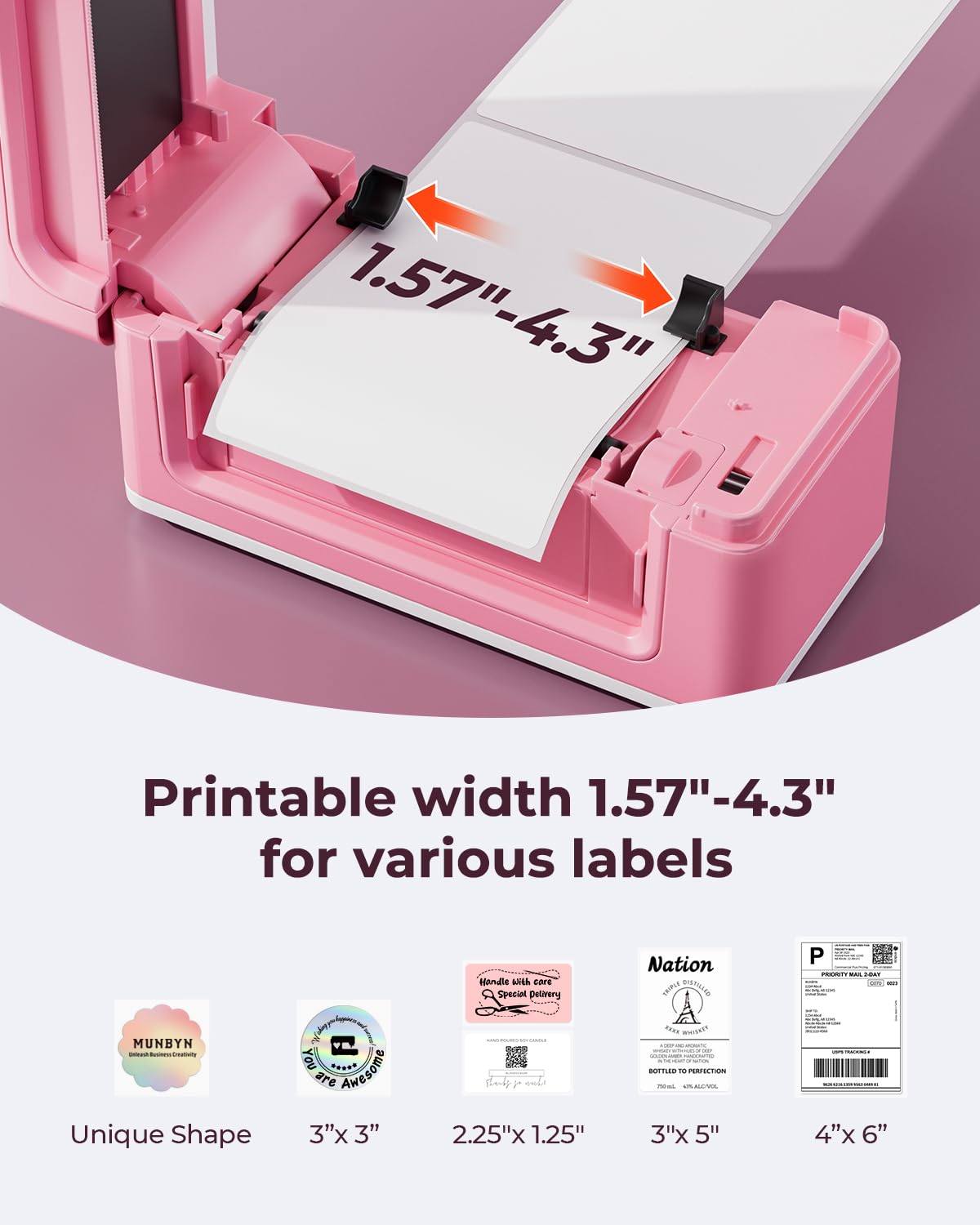 MUNBYN 941B Wireless Bluetooth Thermal Label Printer - 300DPI 4x6 Shipping Label Printer for Small Business | Compatible with Windows, Mac, iOS, Android | Works with Amazon, eBay, Shopify, Etsy, USPS | Perfect for Home Office & E-commerce Shipping (Pink)