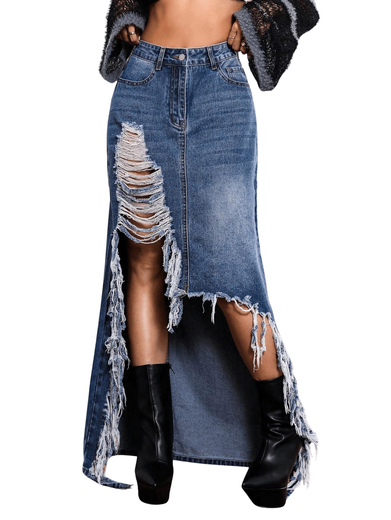 Women's High Waist Denim Maxi Skirt with Raw Hem & Side Slits - A-Line Long Jean Skirt for Casual Outfits & Y2K Fashion | Perfect for Streetwear, Date Nights & Summer Outings