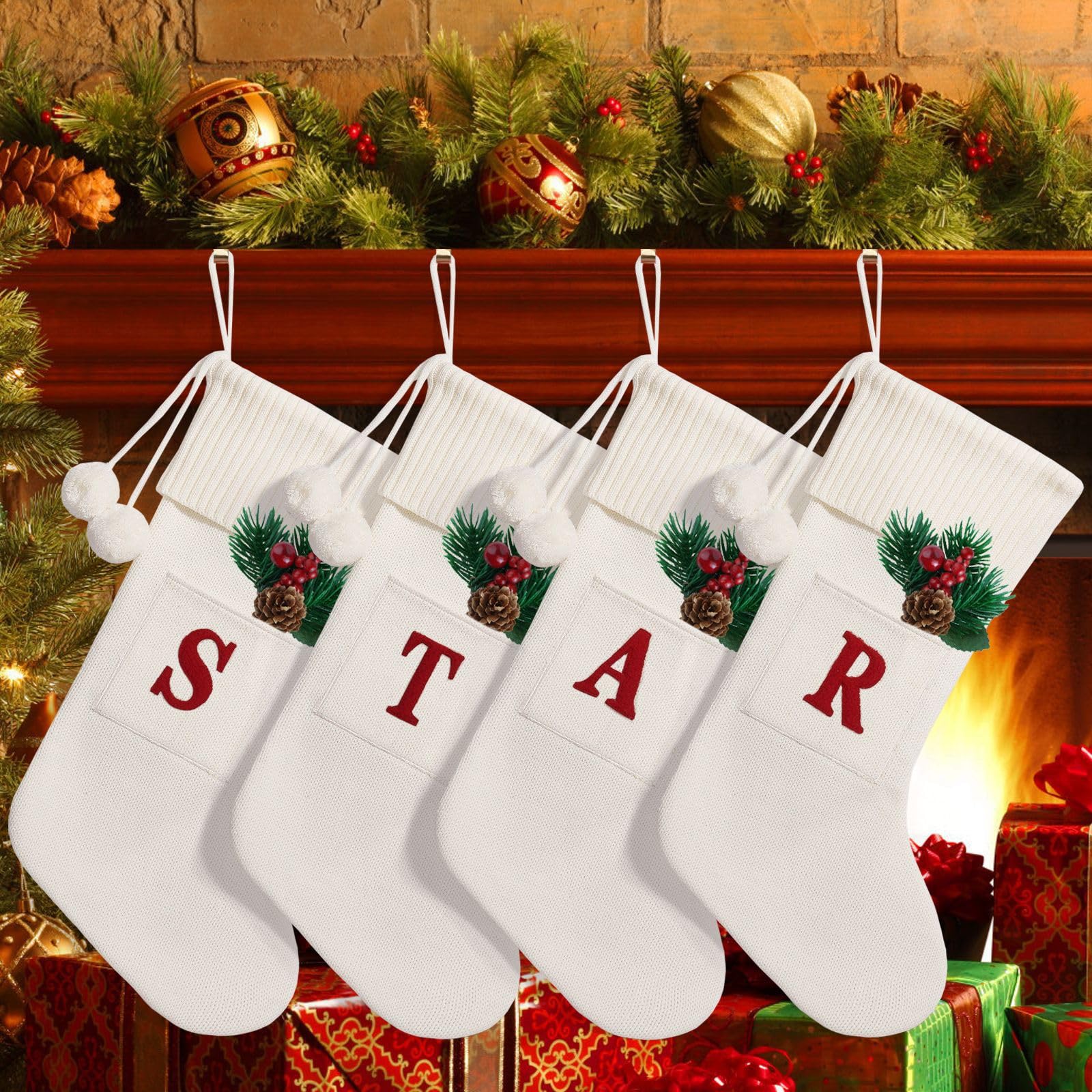 Personalized Knitted Christmas Stockings with Monogram Initials - 16.5 Inch Custom Xmas Stockings for Fireplace Hanging (26 Letters Available) - Perfect for Family Holiday Decorations, Christmas Party Gifts & Cozy Winter Home Decor (White)