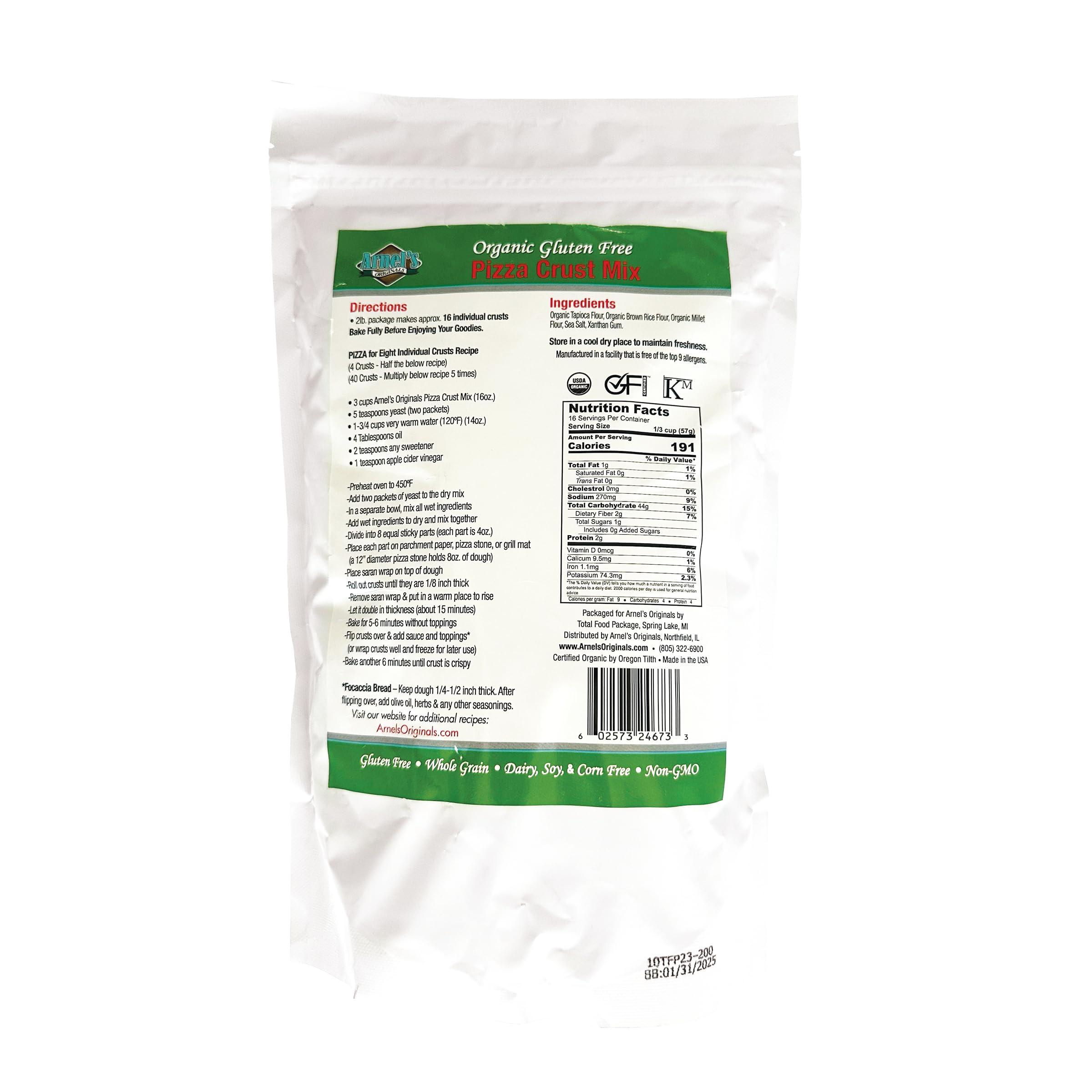 Arnel’s Originals Gluten Free Pizza Crust Mix - Certified Organic, Non-GMO, Kosher - 2 lb Bag for Easy Homemade Pizza Baking | Perfect for Celiac Diet, Vegan & Healthy Lifestyle