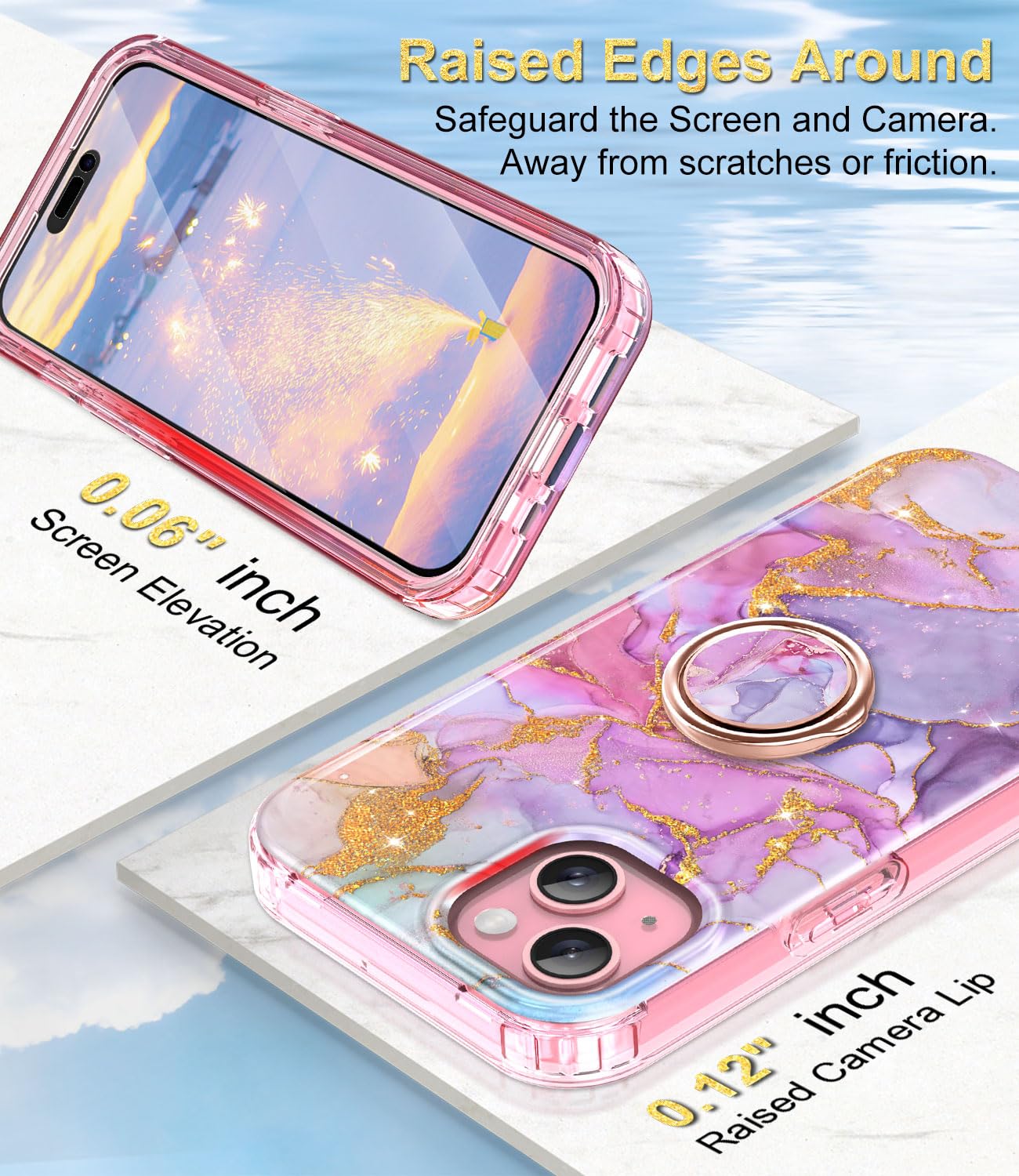BTS Case for iPhone 15 Plus 6.7 Inch - Shockproof Rugged Protective Cover with Built-in Screen Protector & 360° Ring Holder Kickstand | Full Body Dual Layer Defense | Perfect for Outdoor Activities, Travel & Daily Use (Pink)