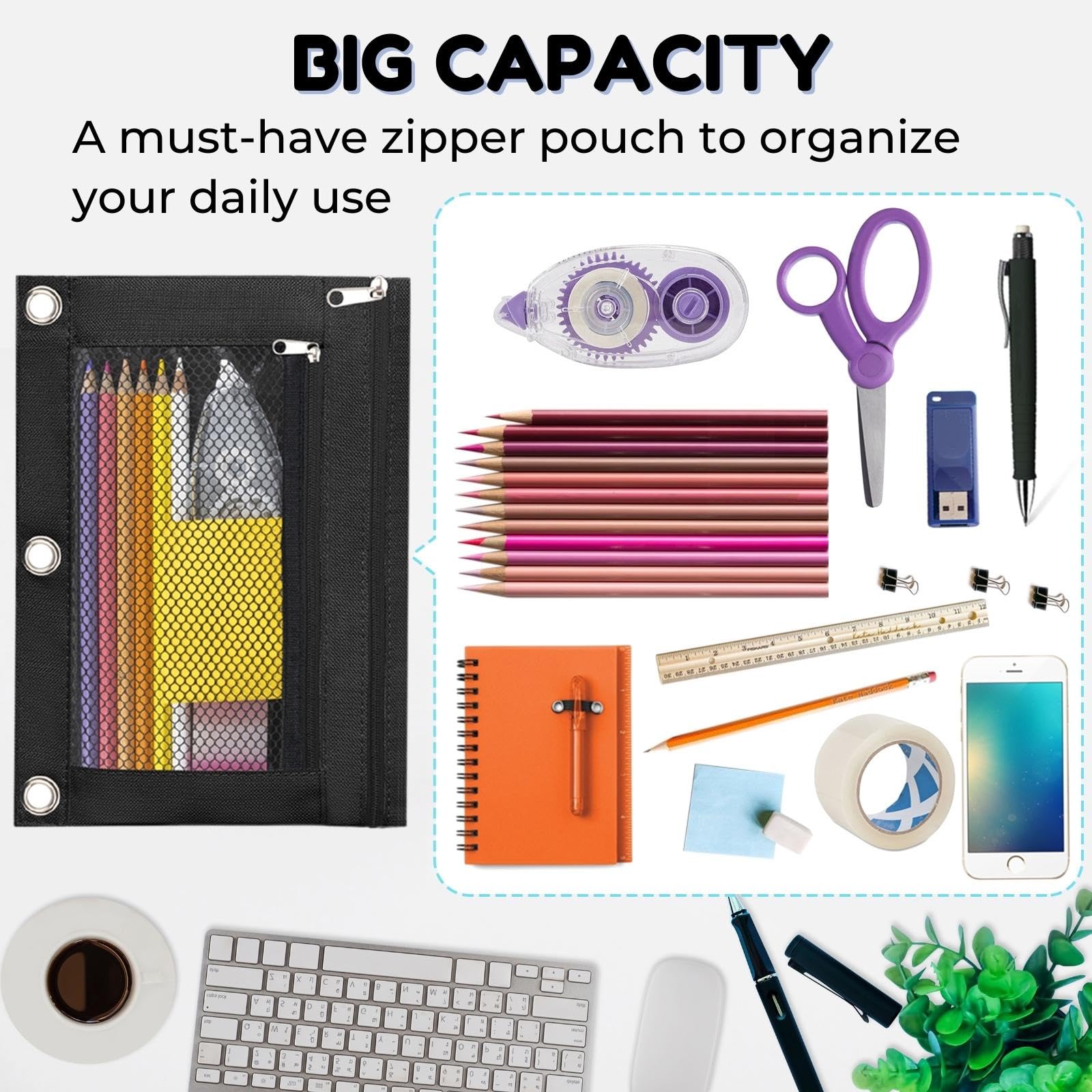 3-Ring Zipper Pencil Pouch 2 Pack - Durable School Binder Organizer for Pens, Pencils & Cosmetics | Perfect for Students, Office & Travel Organization