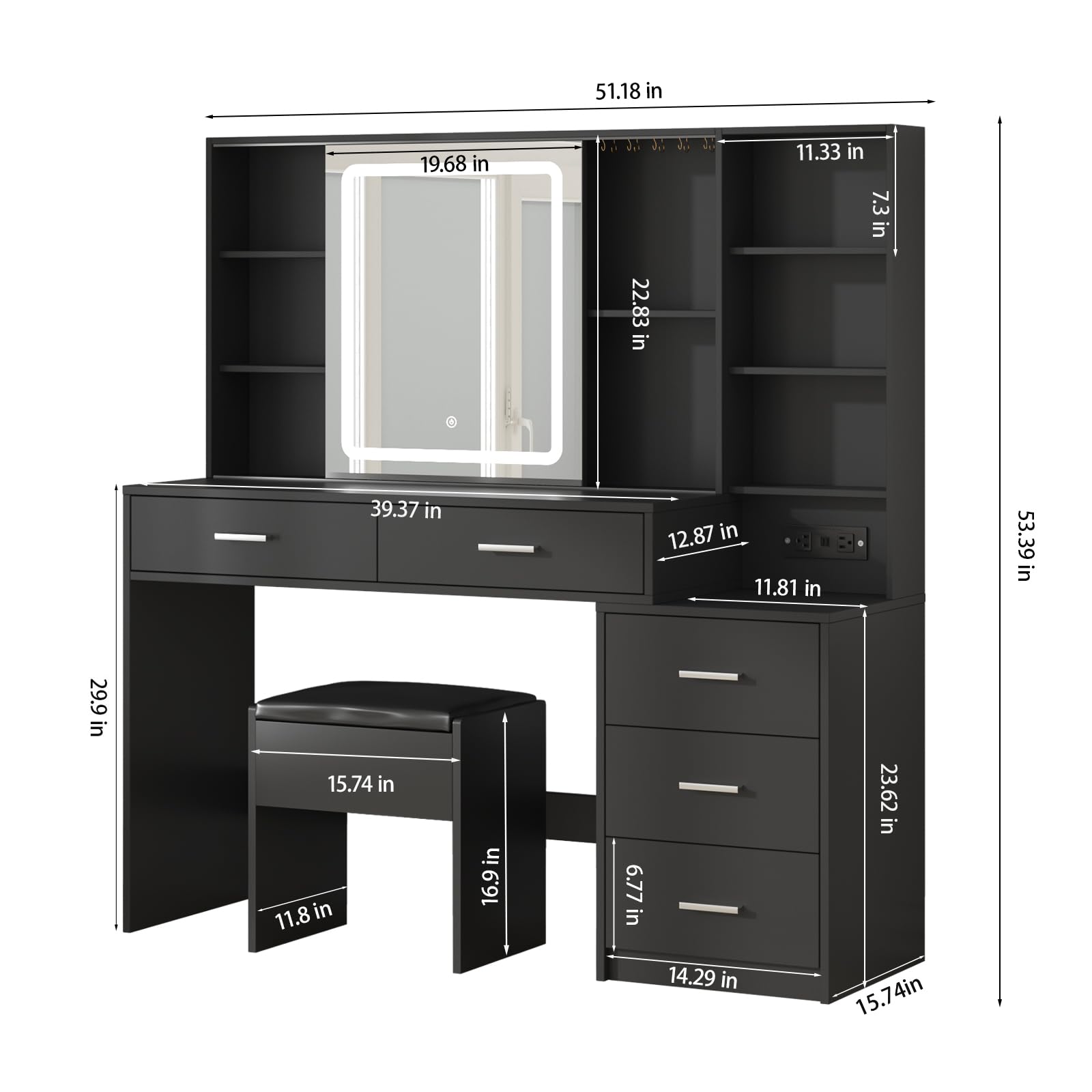 Fameill Makeup Vanity Desk with Sliding Mirror & 3-Color LED Lights, Vanity Table Set with Chair, 5 Drawers & Hooks, USB Charging Station - Perfect for Bedroom, Dressing Room & Beauty Salon (Black)