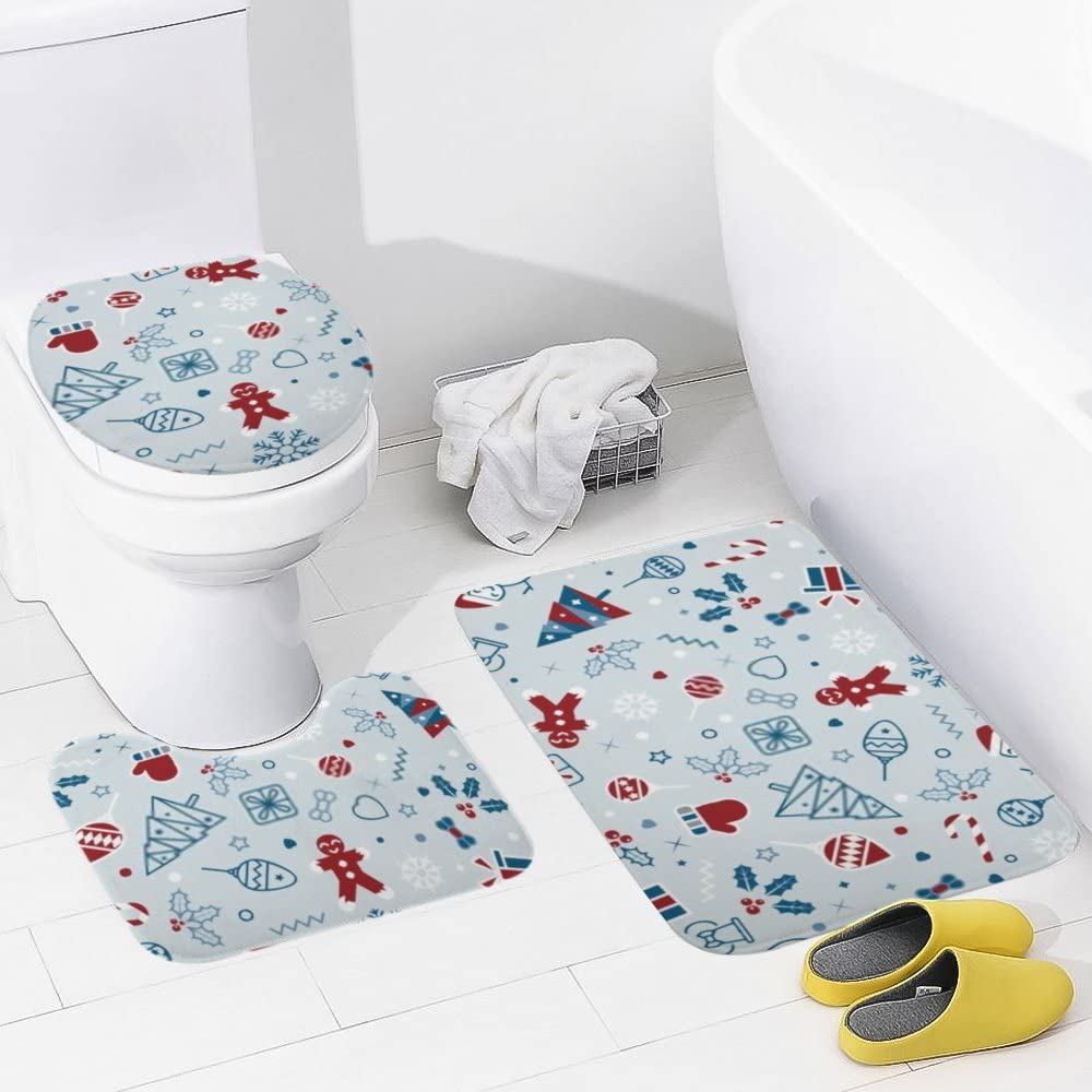 Hapuxt 3-Piece Bath Rug Set - Non-Slip Absorbent Bathroom Mats with Toilet Lid Cover & U-Shaped Contour Rug - Christmas & New Year Decor - Machine Washable - Perfect for Bathroom Safety and Holiday Decorations