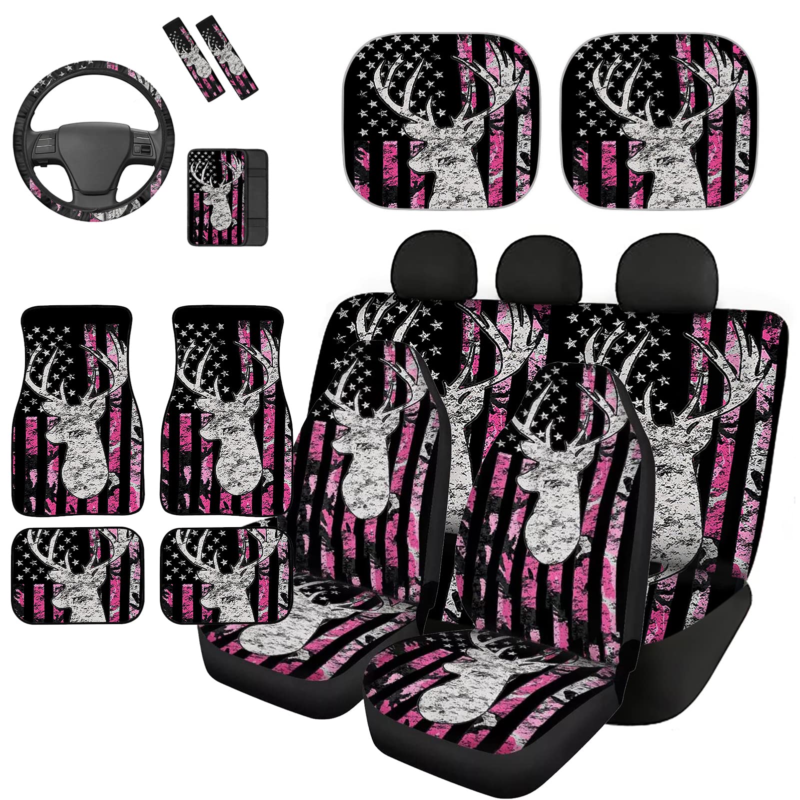 FKELYI Full Set Car Seat Covers - Pink American Flag Camo Design with Deer Hunting Floor Mats | Anti-Slip Steering Wheel Cover, Seat Belt Pads, Armrest Lid Cover & Auto Windshield Sunshade | Perfect for Trucks, SUVs & Off-Road Adventures