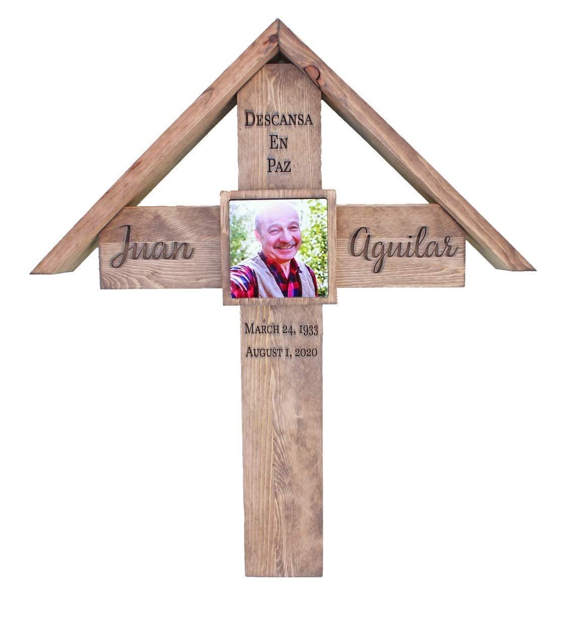 Personalized Memorial Cross with Roof - Engraved Keepsake for Loved Ones | Perfect for Graveside Remembrance & Home Memorial Displays