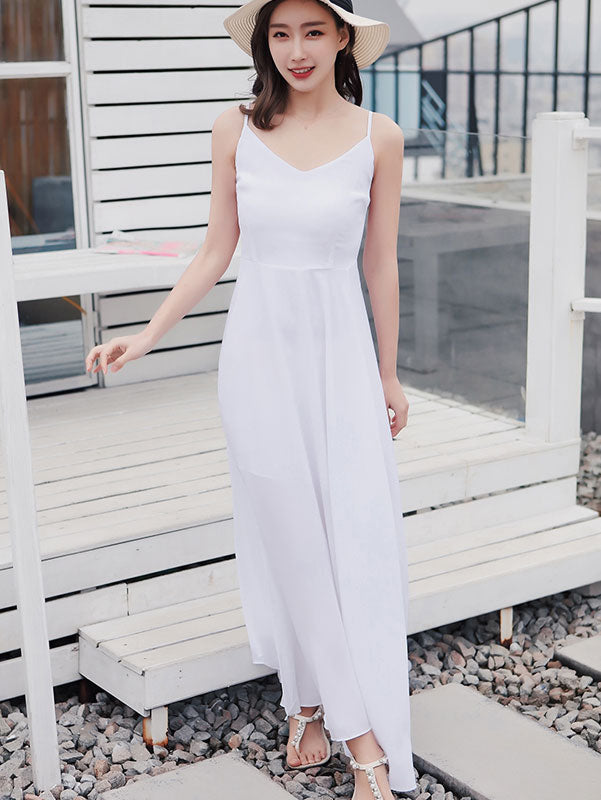 White Maxi Slip Beach Dress - Flowy Summer Cover Up Dress for Women | Boho Chic Beachwear for Vacations, Pool Parties & Resort Wear