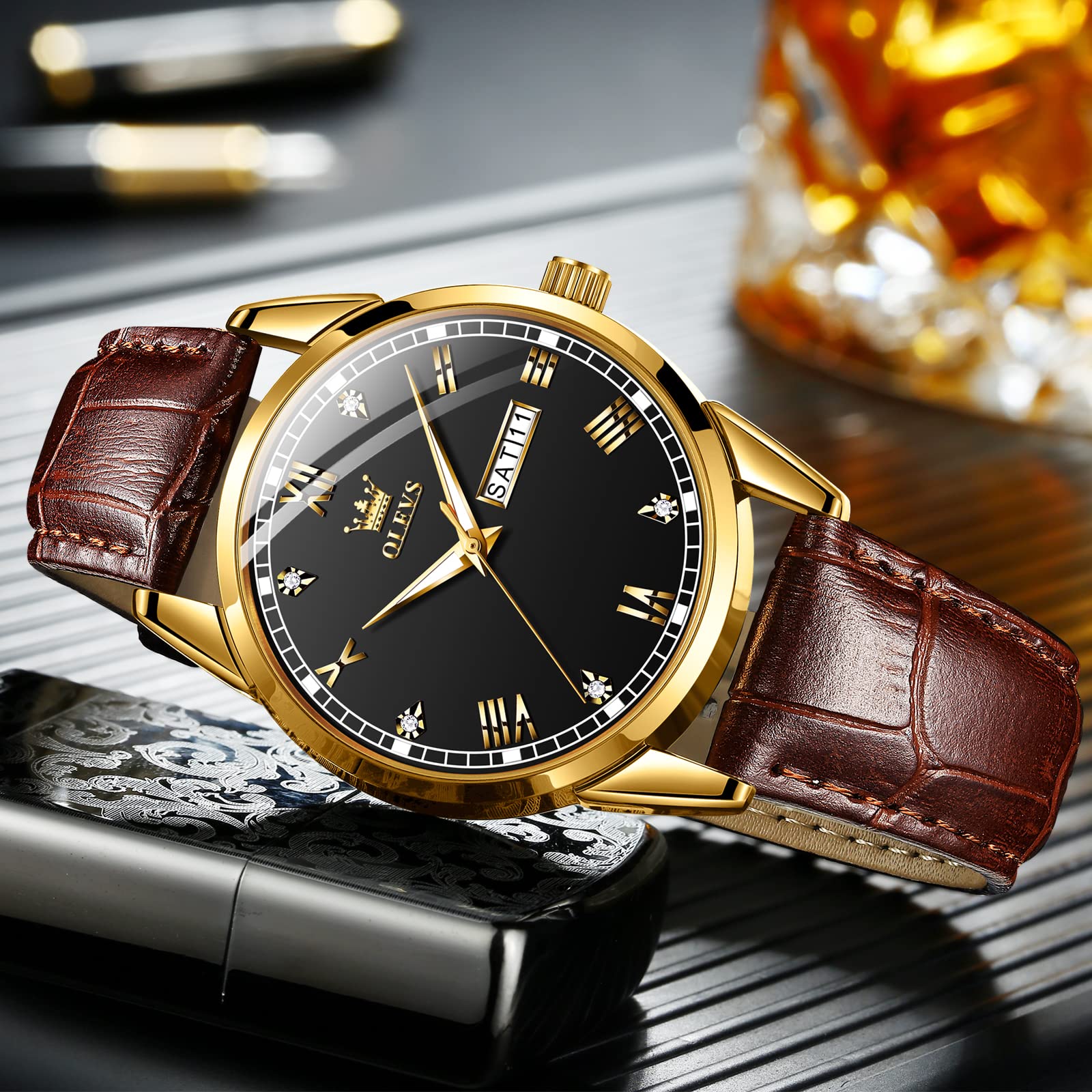 OLEVS Men's Brown Leather Watch - Rose Gold Quartz, Waterproof & Luminous for Dress & Daily Use