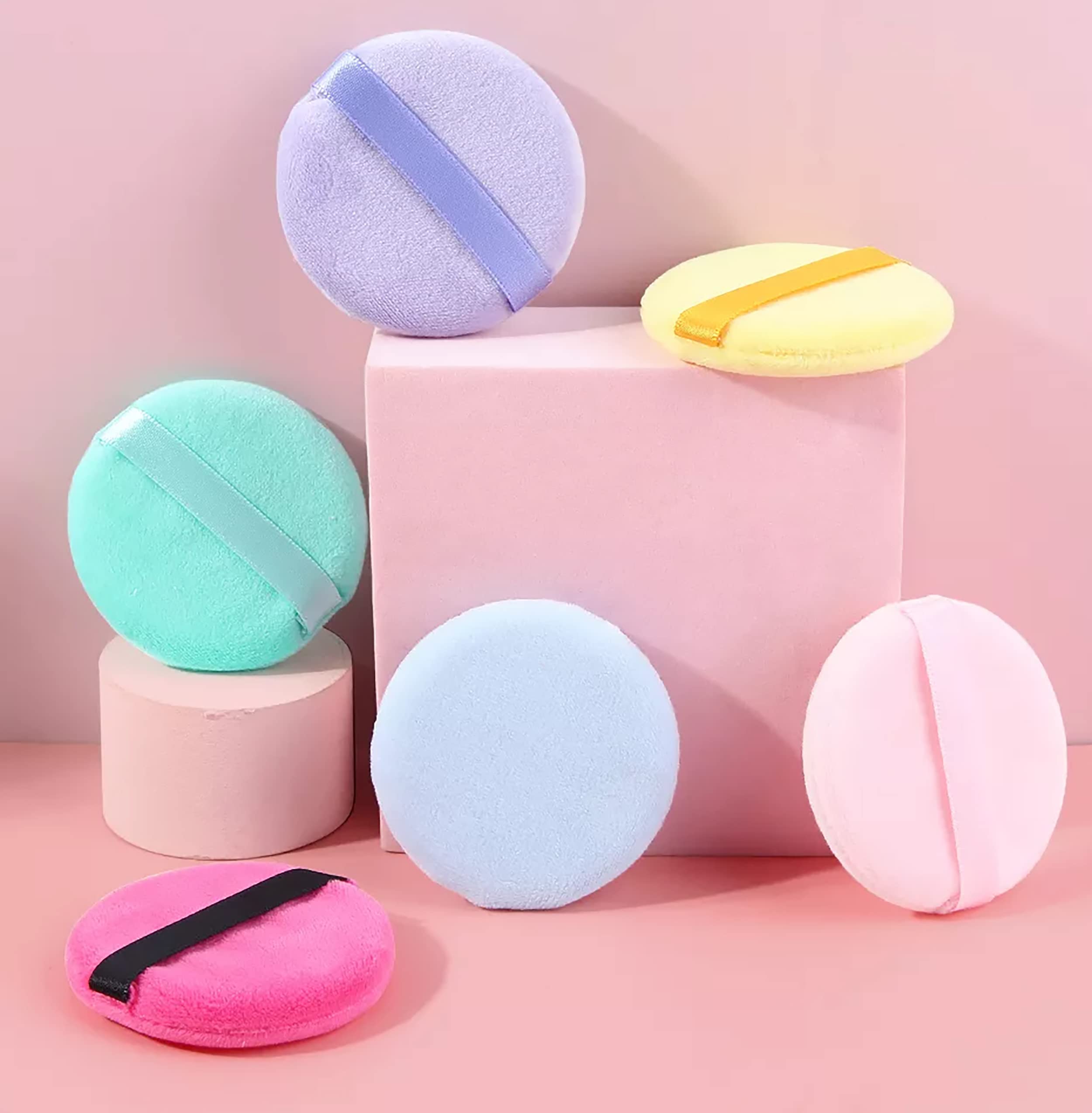 MAPPERZ 6cm Pure Cotton Makeup Puff with Strap - Soft Blending Sponge for Liquid Foundation, Powder, Concealer & Cream | Wet & Dry Use for Face, Eyes & Body | Pack of 2 (Random Colors) | Perfect for Professional Makeup Application & Travel Touch-Ups
