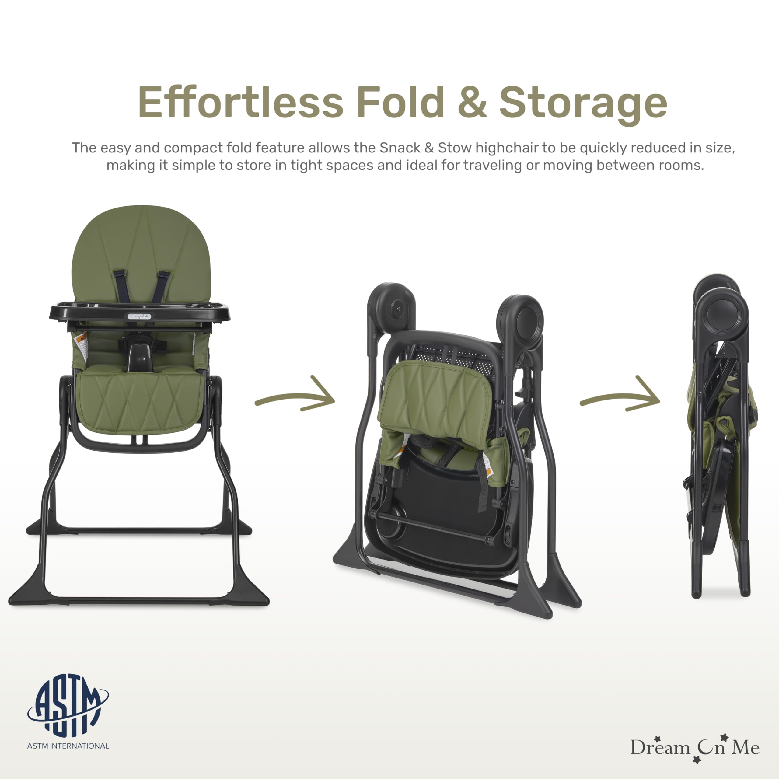 Dream On Me Snack and Stow Baby High Chair - Foldable Travel High Chair with Removable 3-Position Adjustable Tray | Portable for Home, Restaurants & Outdoor Use (Olive Green)