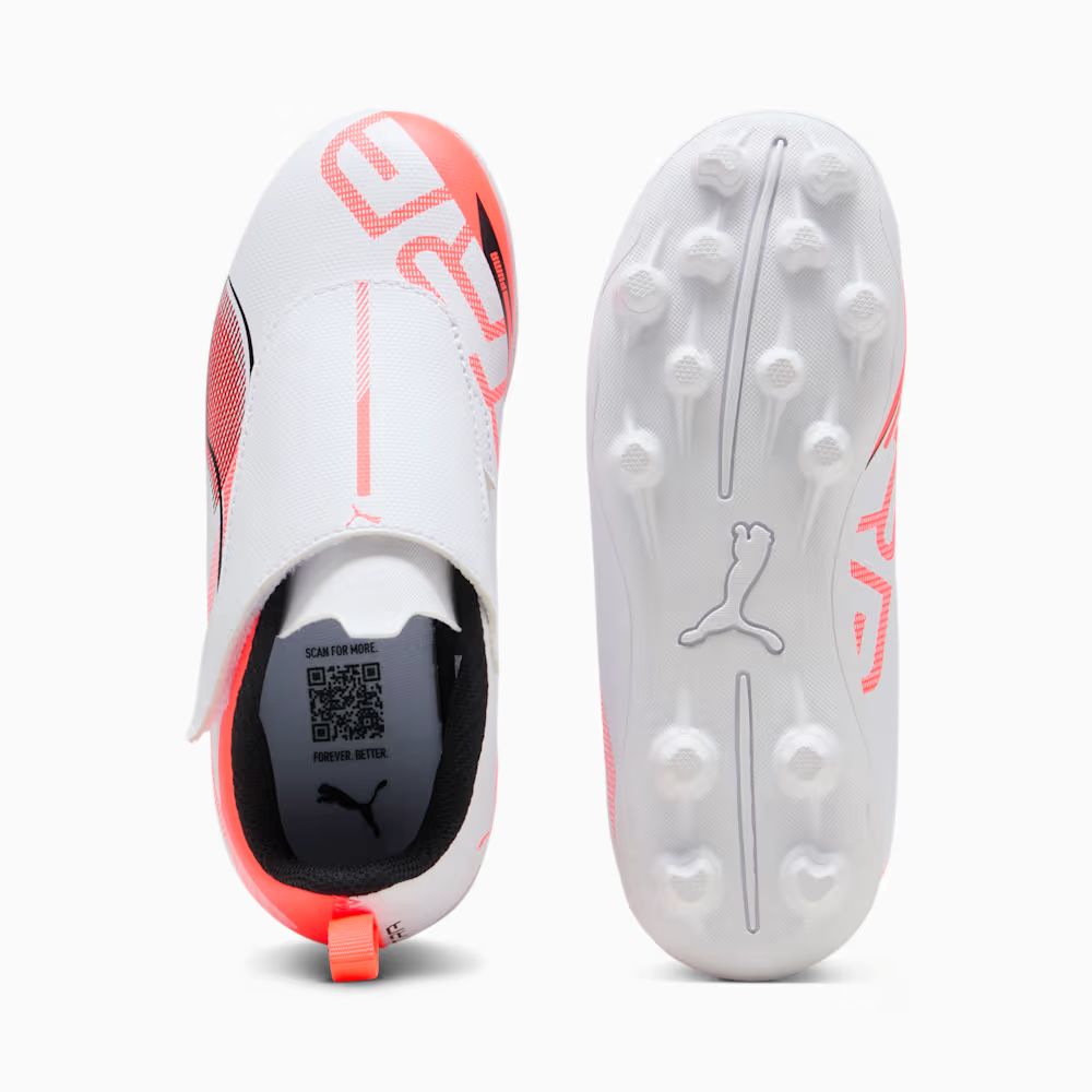 Puma Ultra 5 Play Velcro FG/AG Junior Football Boots for Kids - White/Black/Glowing Red - Lightweight Soccer Cleats for Youth Training & Matches on Firm Ground & Artificial Turf
