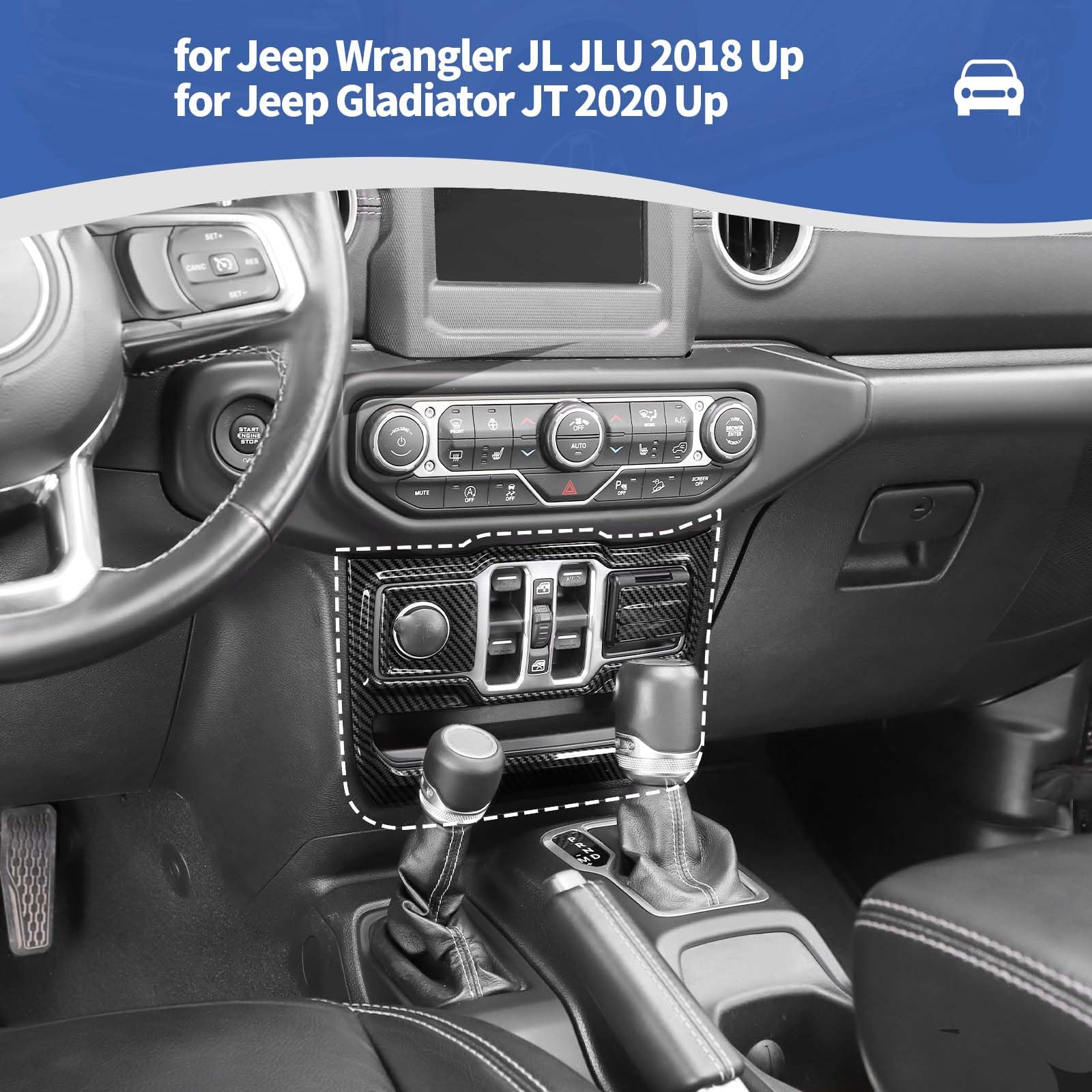 Carbon Fiber Center Dash Switch Panel Trim for Jeep Wrangler JL JLU & Gladiator JT (2018-2024) - 3pc Interior Accessories Kit - Perfect for Off-Roading & Custom Upgrades