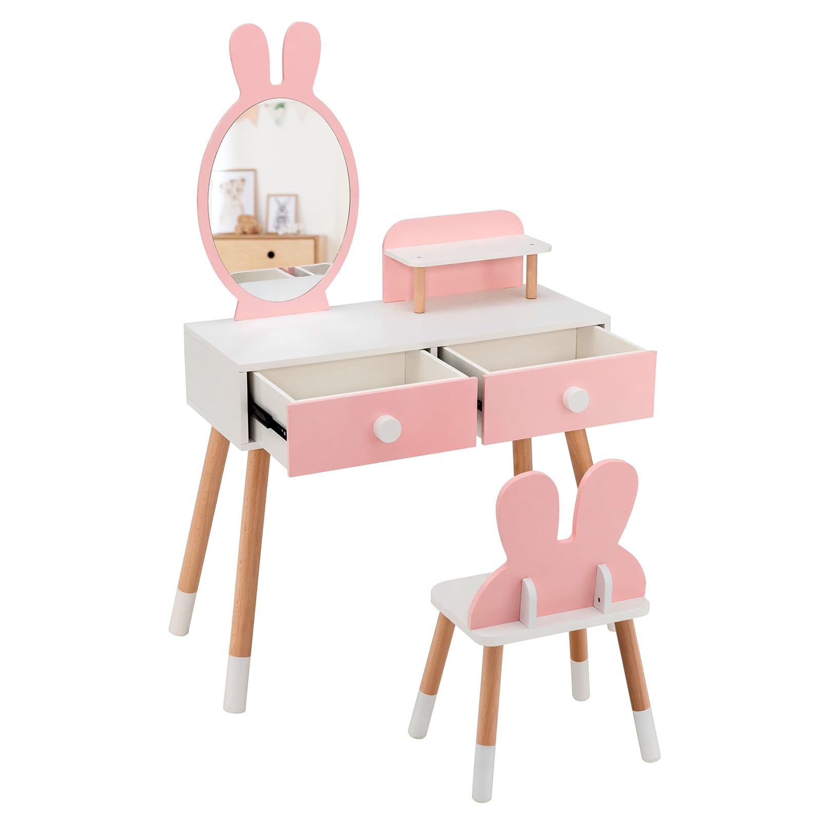 Princess Makeup Vanity Set for Kids - Wooden Rabbit Theme with Mirror & Stool - Pink