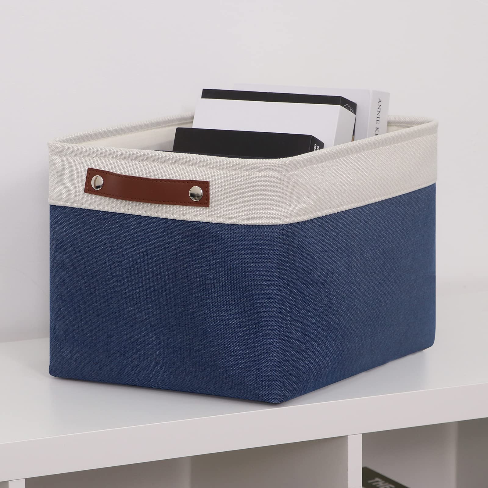 HNZIGE 3-Pack Large Fabric Storage Baskets with Leather Handles - 15