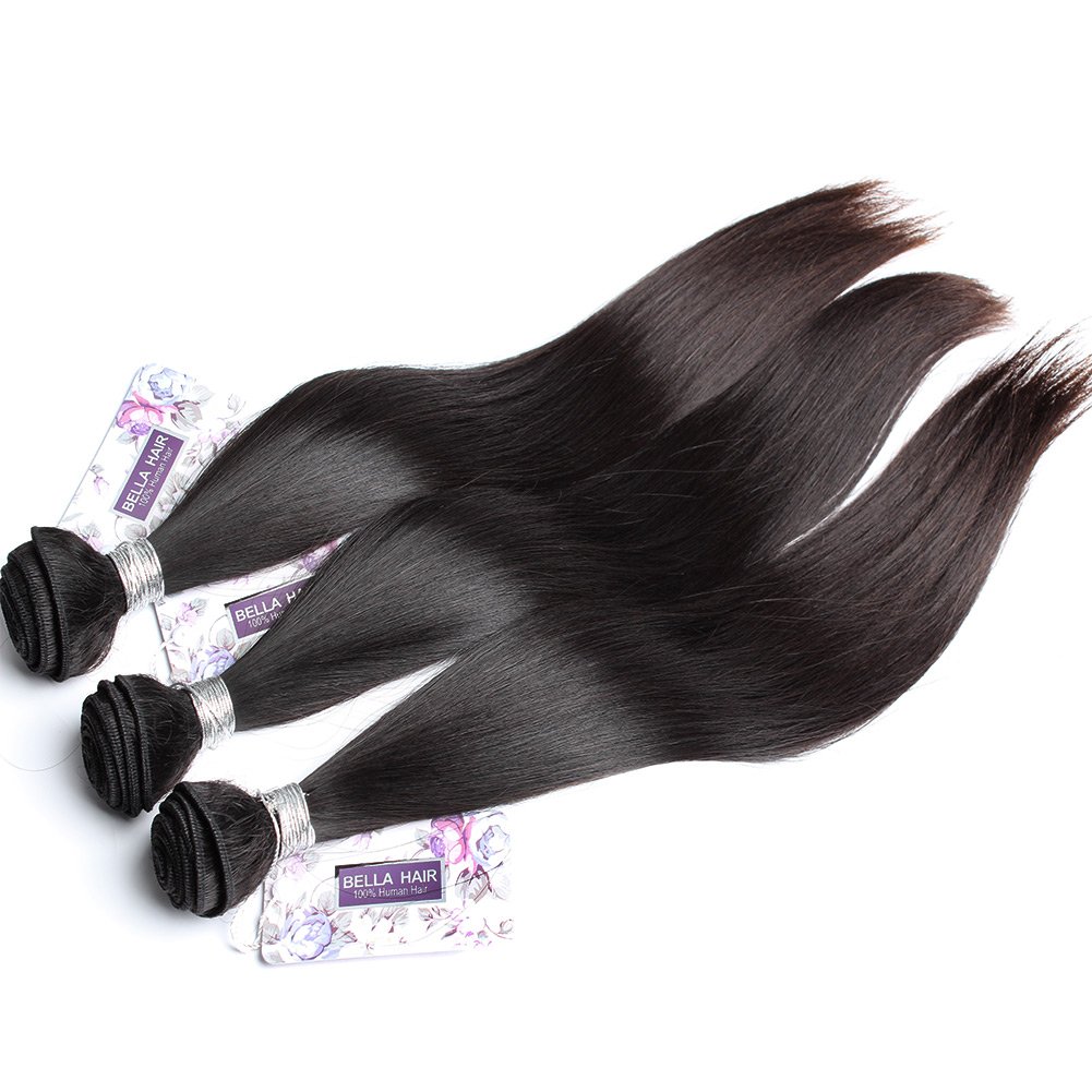 Bella Hair 3 Bundles Peruvian Virgin Hair 100% Human Hair Weave - Silky Straight Natural Black Color (34