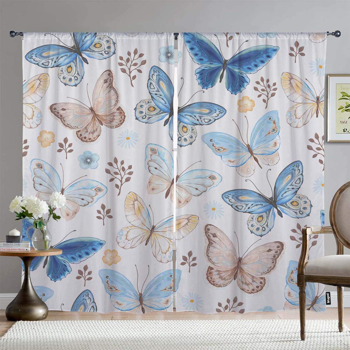 Colorful Butterfly Blackout Window Curtains - Blue, Yellow & Brown Flying Butterflies Seamless Pattern Darkening Drapes (2 Panels, 108x90 Inches) for Bedroom, Living Room & Kitchen | Perfect for Light Blocking, Privacy & Home Decor
