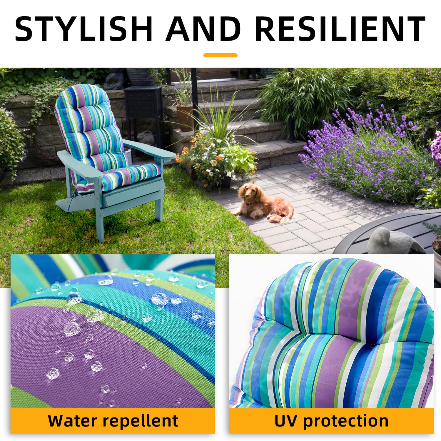 FILUXE Waterproof Adirondack & Rocking Chair Cushions - High Back Patio Pillow with Ties, Fade-Resistant All-Weather Indoor/Outdoor Seat Cushion (Stripe Blue, 2-Pack) for Garden, Deck, Porch & Poolside Relaxation