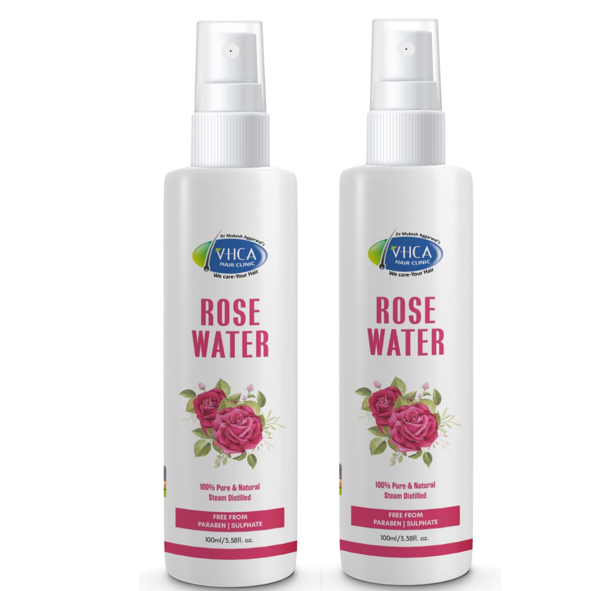 VHCA Pure Distilled Rose Water Facial Spray - Hydrating & Refreshing Toner for Oily, Dry & Normal Skin Types - Unisex Rosewater Mist for Men & Women - 2 Pack (100ml Each) | Perfect for Skincare Routine, Makeup Setting & Summer Refreshment
