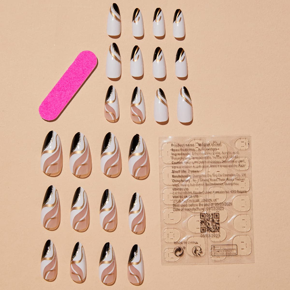 24 Pcs Medium Almond Press-On Nails with French Tip & Geometric Glitter Design - Full Cover False Nails for Women - Glossy Artificial Nails for Manicure & Nail Decorations - Perfect for Parties, Weddings, and Everyday Wear