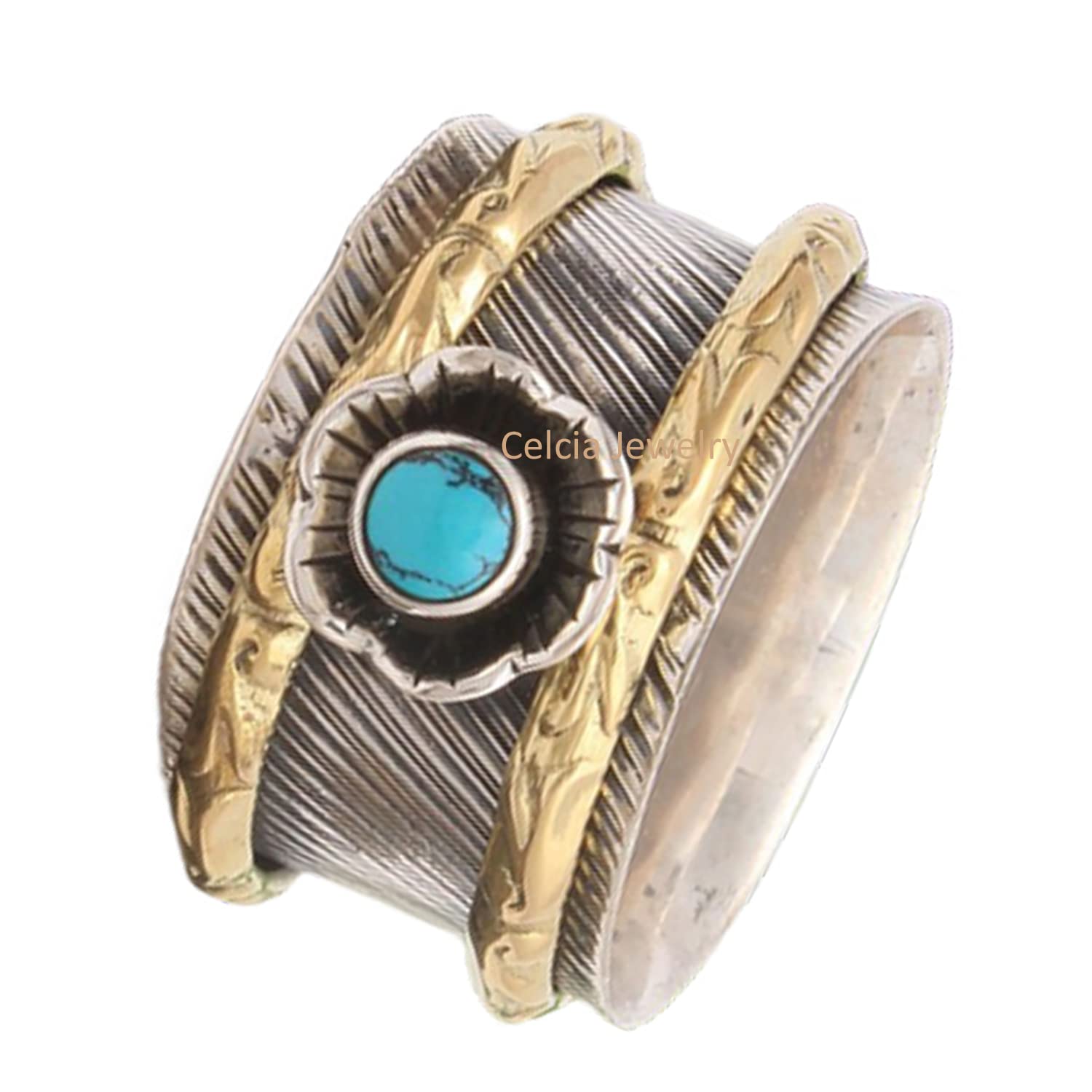 Genuine Turquoise Cabochon Round Gemstone Spinner Ring – Meditation Spinning Ring for Stress Relief, Antique Two-Tone Unique December Birthstone Jewelry, Metaphysical Healing Gifts for Women & Men (US Size 7) – Perfect for Yoga, Mindfulness & Spiritual Practices