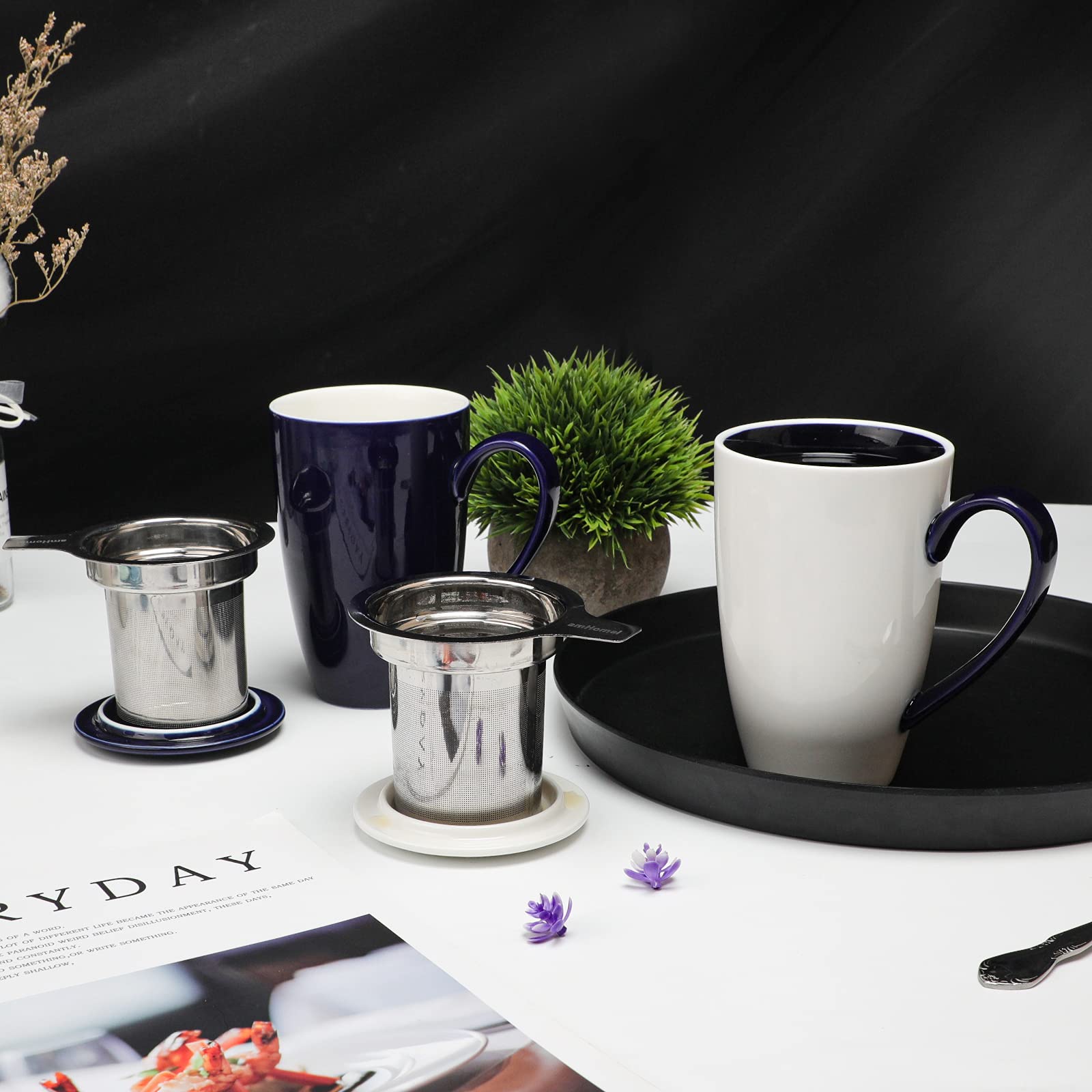 amhomel 16oz Porcelain Tea Mug with Infuser & Lid - Ceramic Tea Cup for Loose Leaf Tea, Coffee, Cocoa & Milk - Perfect Tea Gift Set for Tea Lovers (2-Pack, Navy Blue & White) - Ideal for Home, Office & Gifting