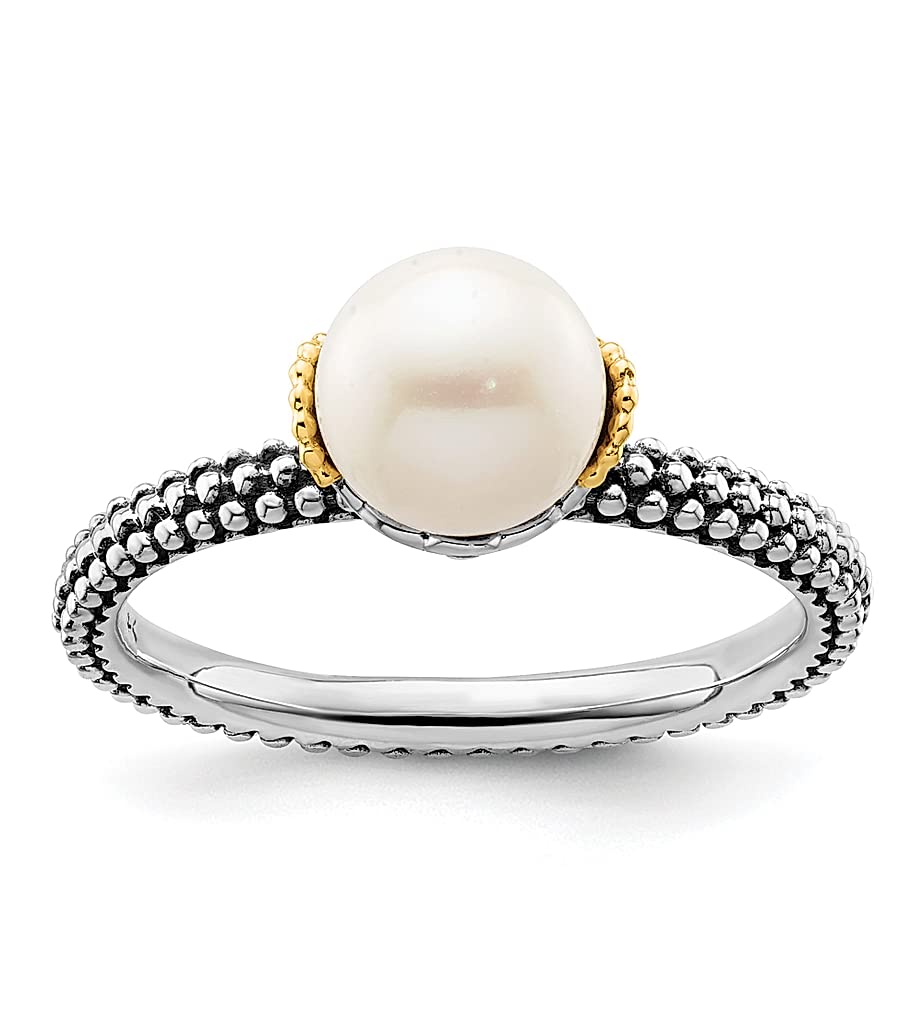 14K Gold & 925 Sterling Silver Stackable Pearl Band Ring - 7.0-7.5mm Freshwater Cultured Pearls, Dainty Jewelry for Women, Perfect Gift for Her - Ideal for Layering, Everyday Wear & Special Occasions