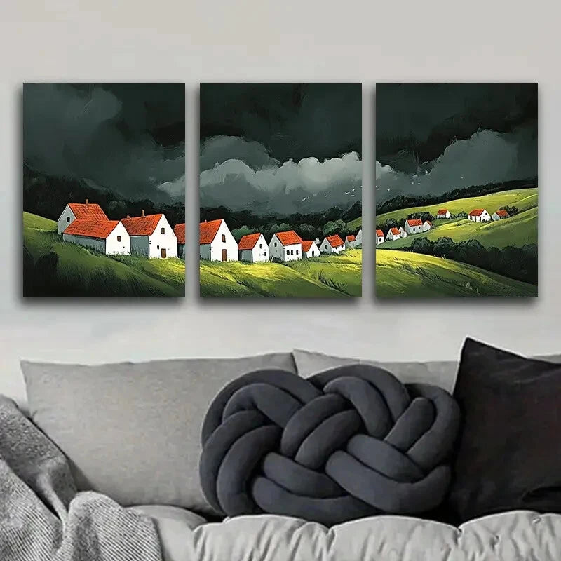 3pcs Metal Print Wall Art - Charming Little Village with Red Roofs, Ready to Hang | Perfect for Living Room, Bedroom & Office Decor