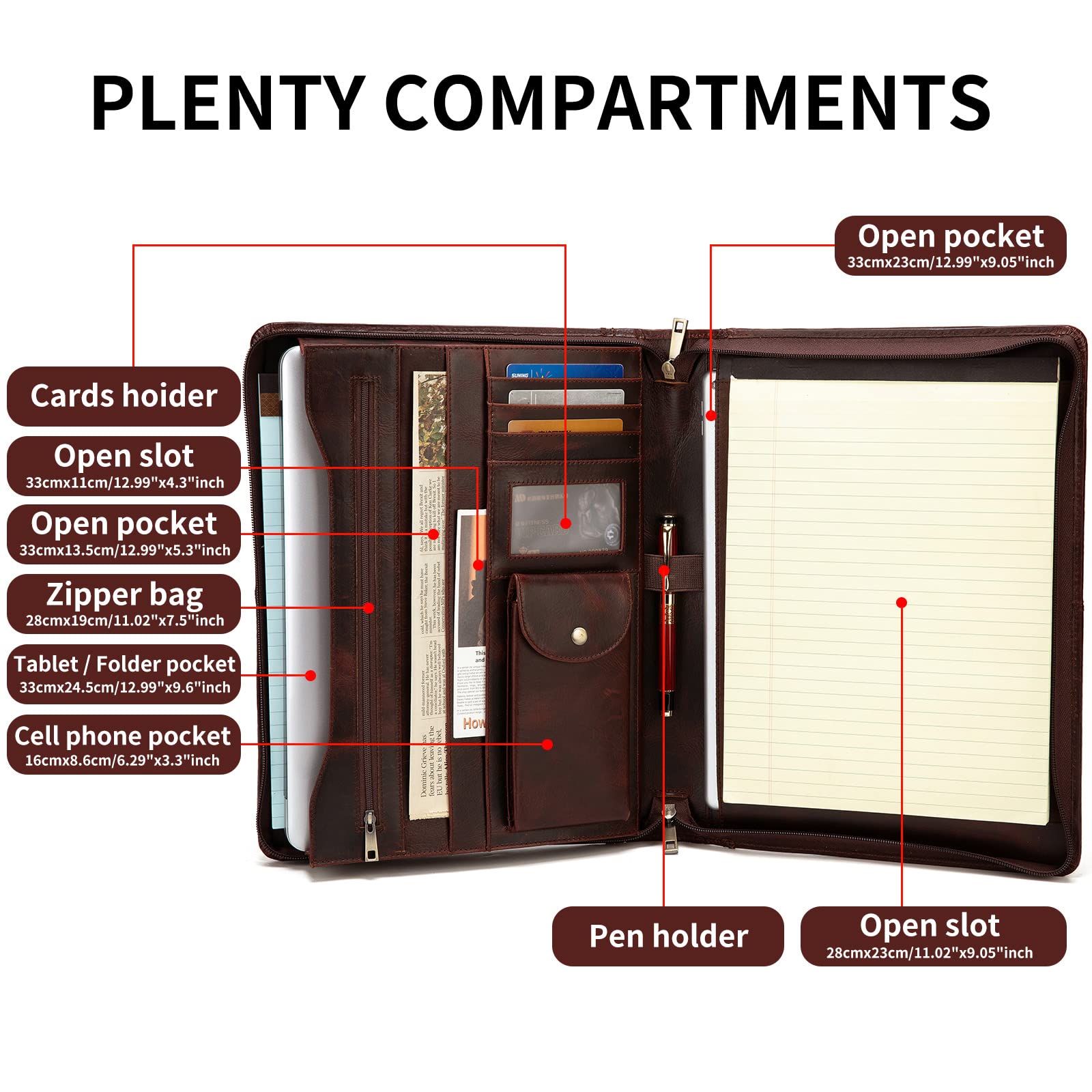 Handmade Crazy-Horse Leather Padfolio Portfolio Case - Premium Business Organizer with Zippered Closure for Tablet & Letter Size Notepad - Engravable Oil Wax Leather Gift for Women & Men - Perfect for Office, Meetings & Professional Use