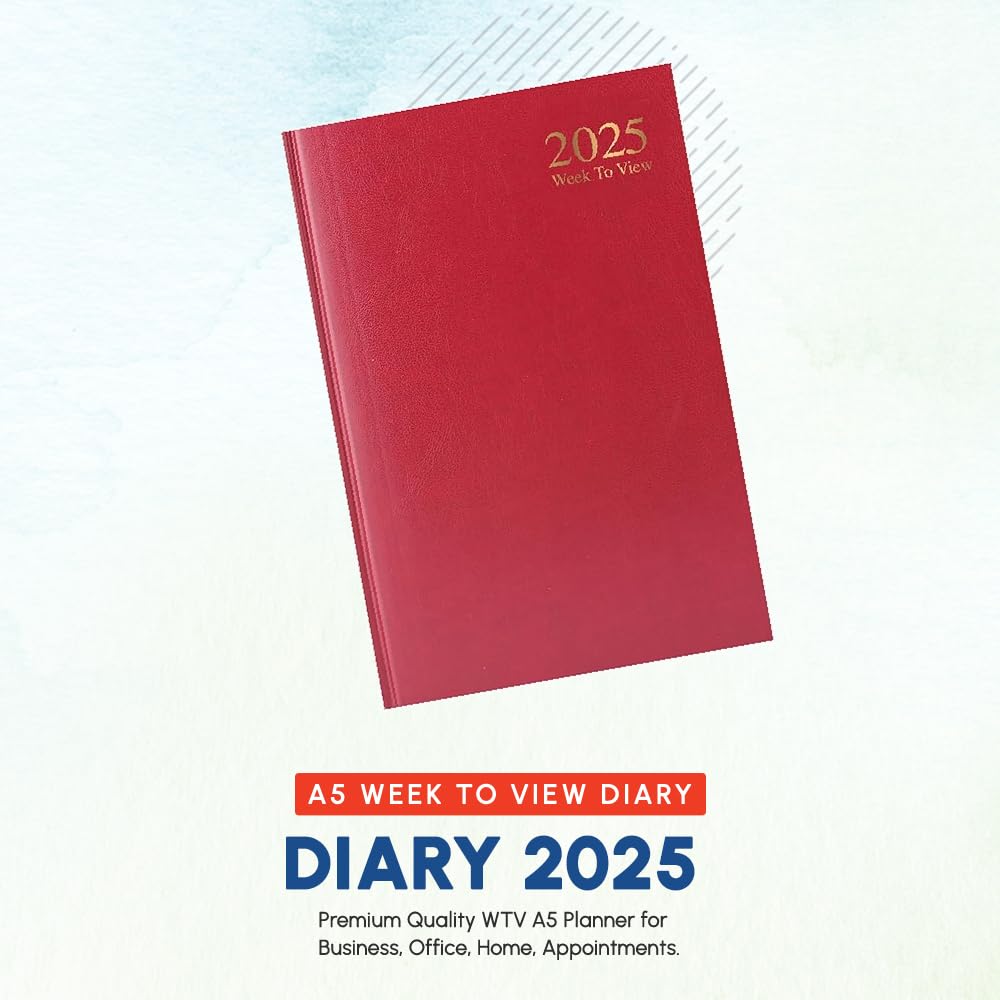 1ABOVE 2025 A5 Week-to-View Diary Planner - 60gsm Paper, Hardback Casebound Cover - Perfect for Home, Office & School Organization (Red)
