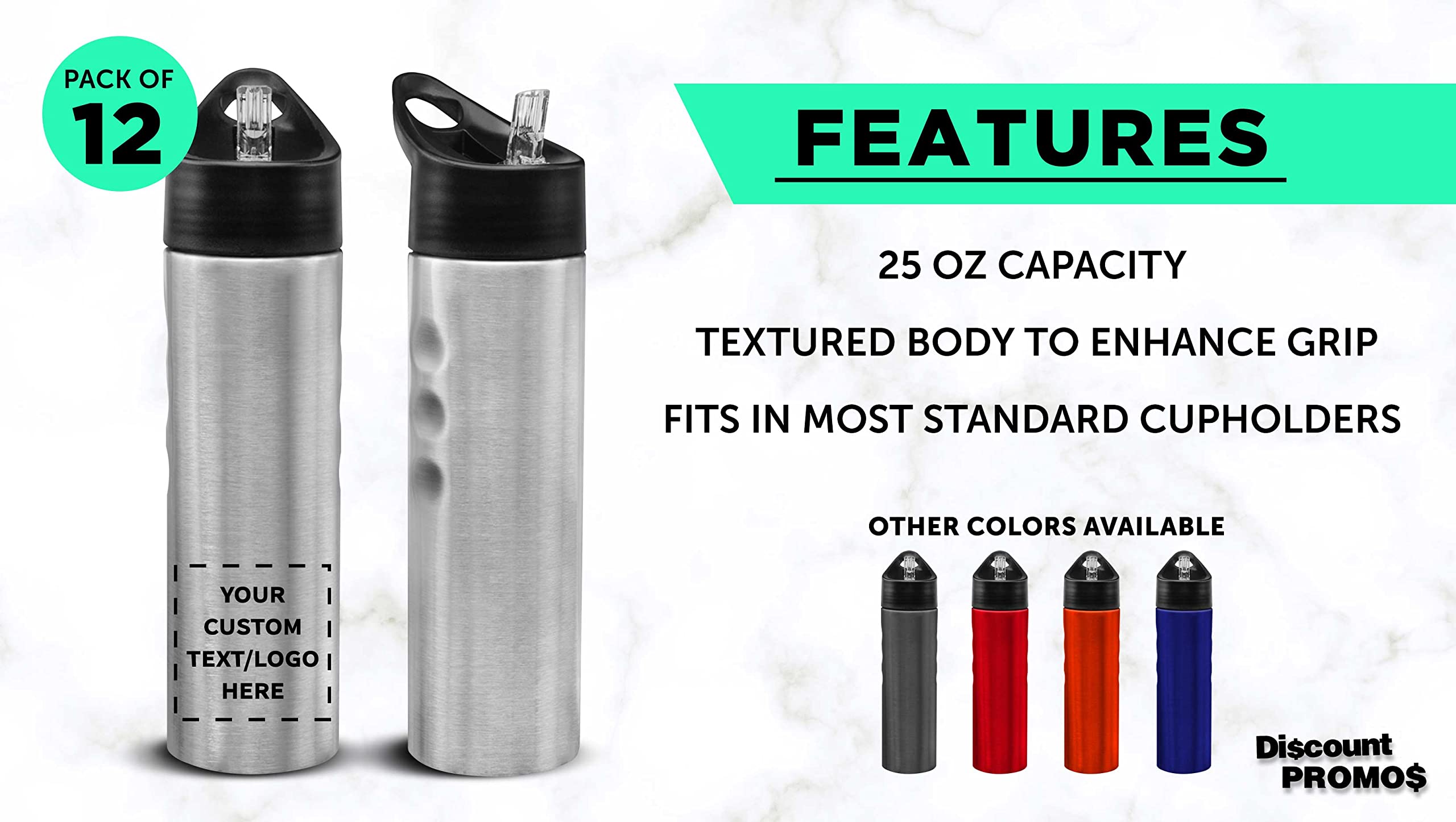 Custom Slim Stainless Steel Water Bottles 25oz (12 Pack) - Personalized Text & Logo - Reusable Gym & Sports Bottles - Bulk Pack Silver - Perfect for Workouts, Hiking, Office & School Hydration