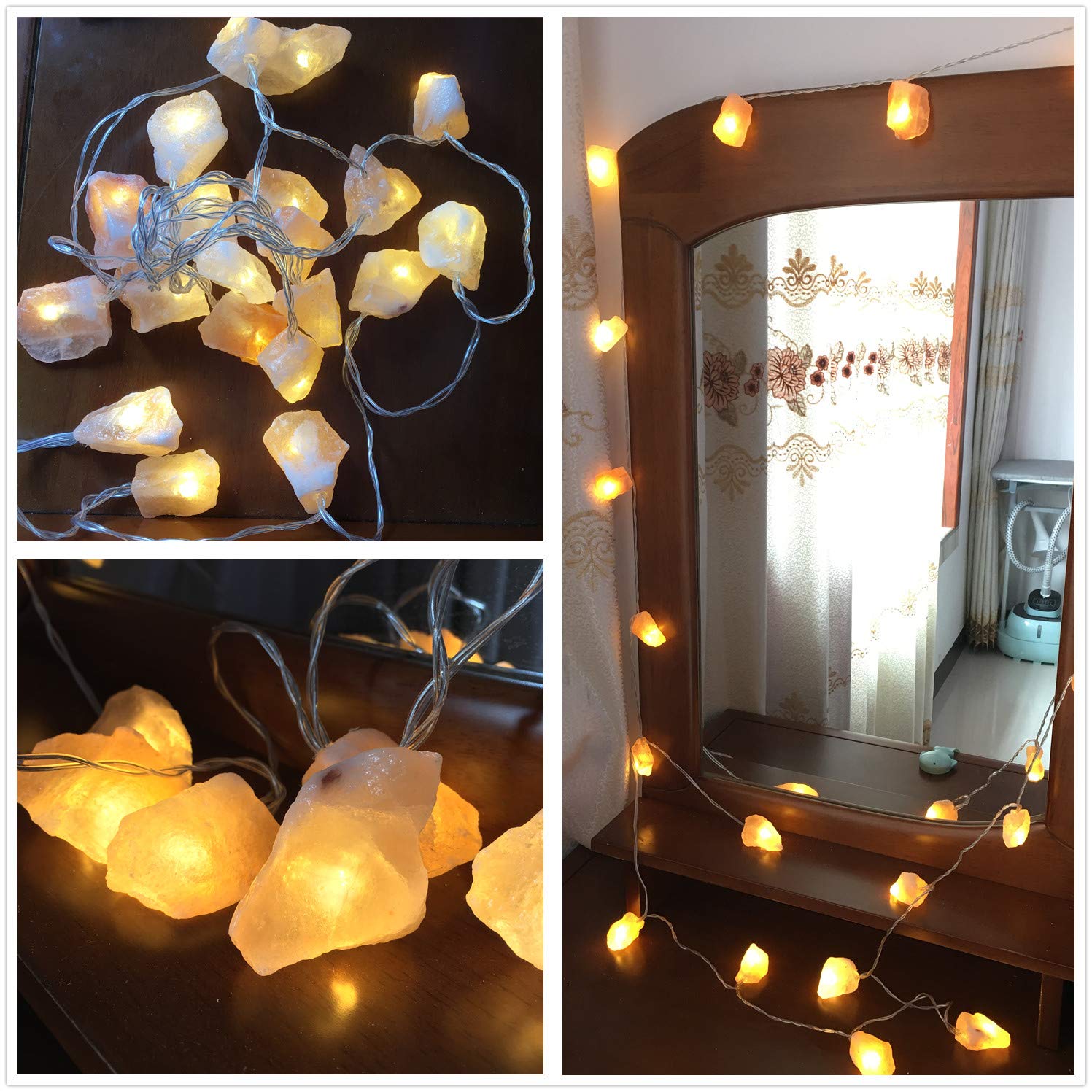 Himalayan Salt String Lights - 10.8 ft 20 LED Battery/USB Powered Natural Crystal Salt Lamps with Remote Control - Warm White Decorative Lighting for Indoor/Outdoor Halloween Christmas Wedding Party Decorations - Perfect for Bedroom, Garden, Patio and Holiday Events