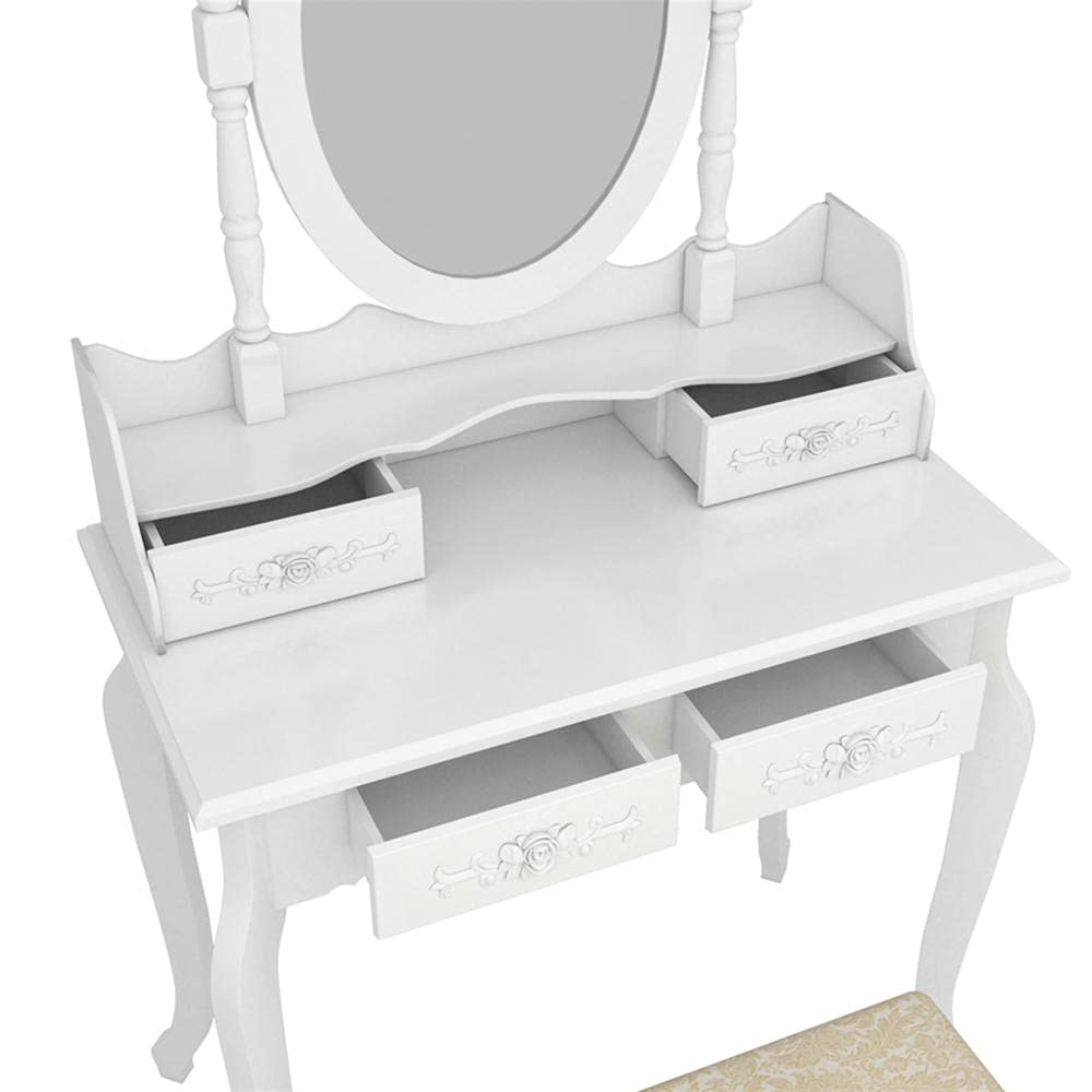 Elegant White Vanity Table Set with 360° Rotating Oval Mirror, 4 Drawers & Cushioned Stool - Wooden Makeup Dressing Table for Women, Perfect for Bedroom & Home Decor (Vanity Desk with Bench Included) - Ideal for Makeup Application, Skincare Routine & Getting Ready in Style