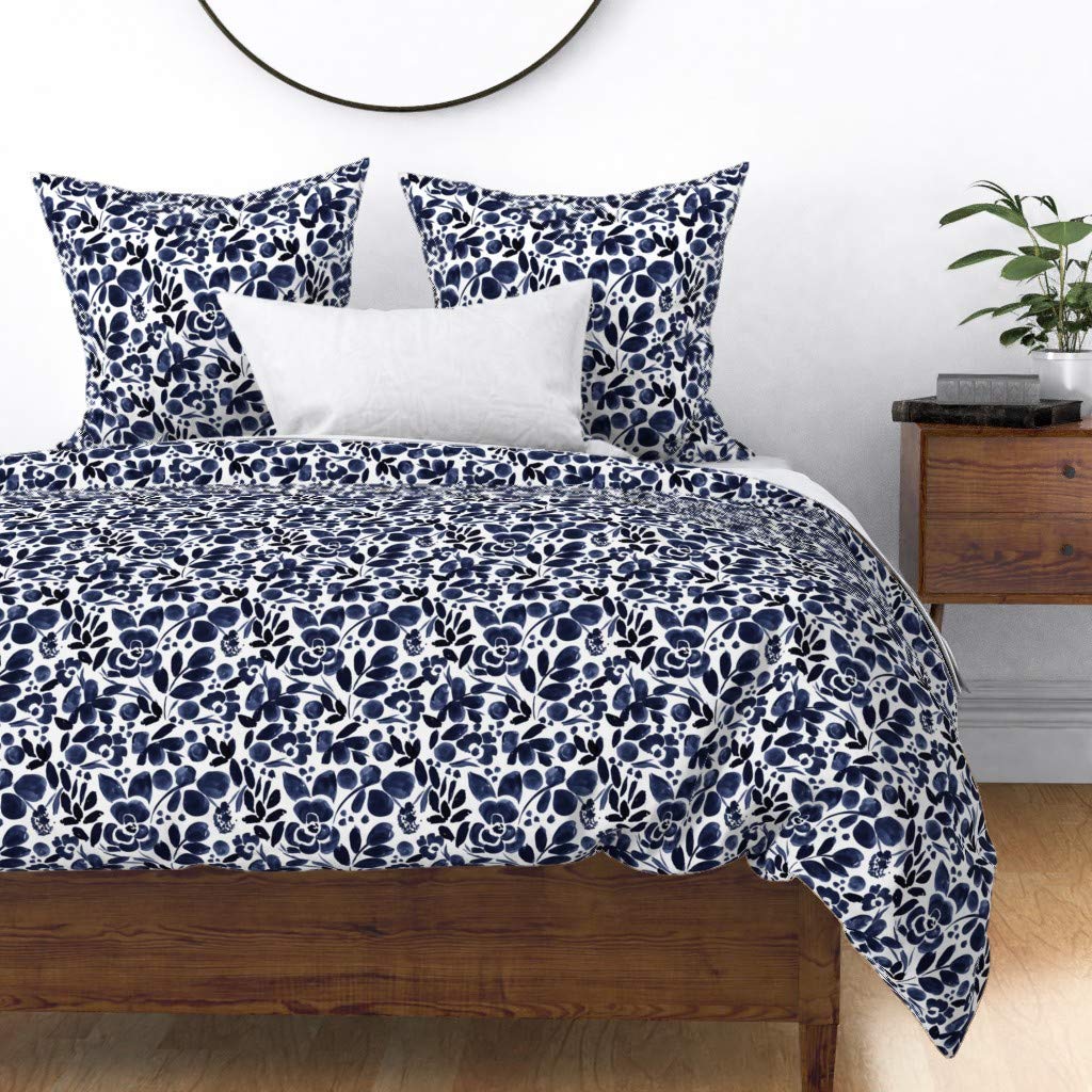 Premium Cotton Sateen Duvet Cover Set - King/California King Size Navy Blue Floral Watercolor Vintage Print Bedding | Soft & Breathable Luxury Bed Sheets for Master Bedroom, Guest Room & Hotel Decor