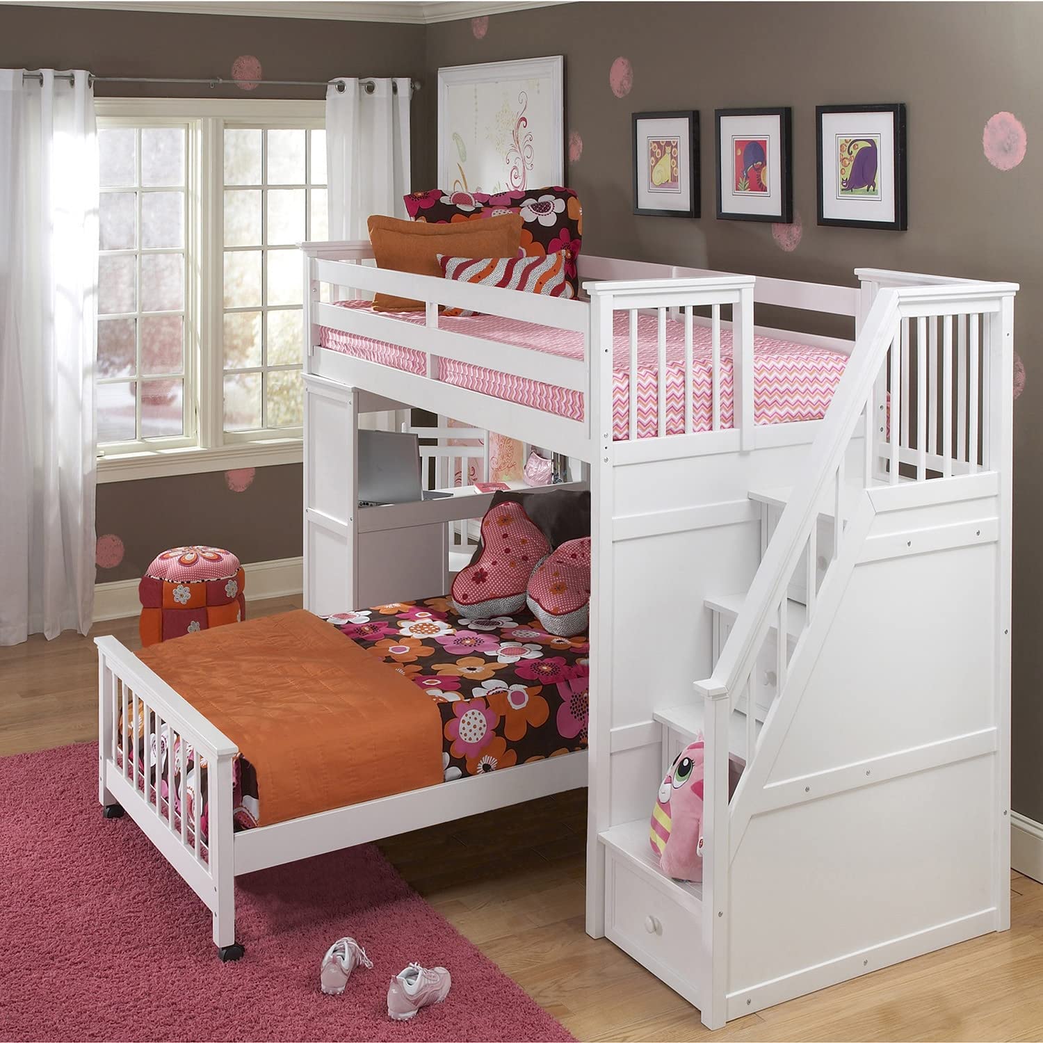 Hillsdale NE Kids School House Stair Loft Bed with Desk & Twin Lower Bed - Space-Saving Study & Sleep Solution for Small Rooms