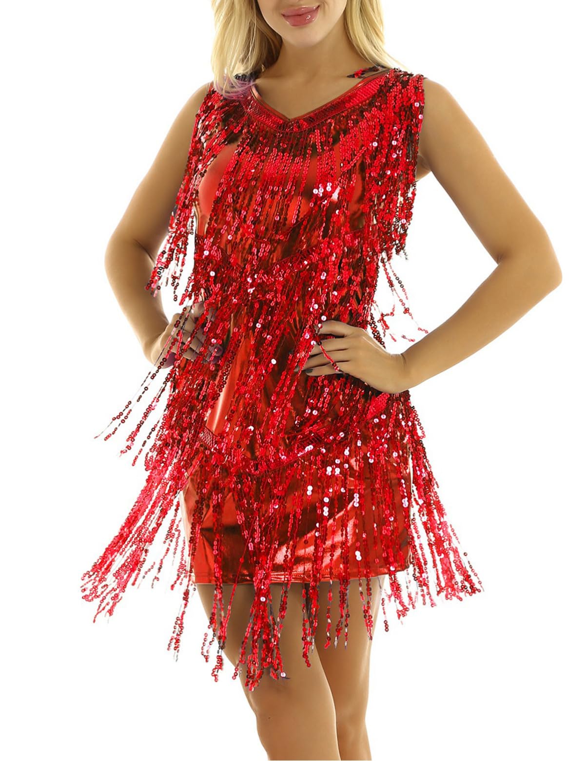 **Women's Sexy V-Neck Sequins Ballroom Dance Dress with Tassels - Latin, Salsa, Tango Performance & Party Wear**    *(Ideal for competitions, performances, evening parties, and special occasions!)*